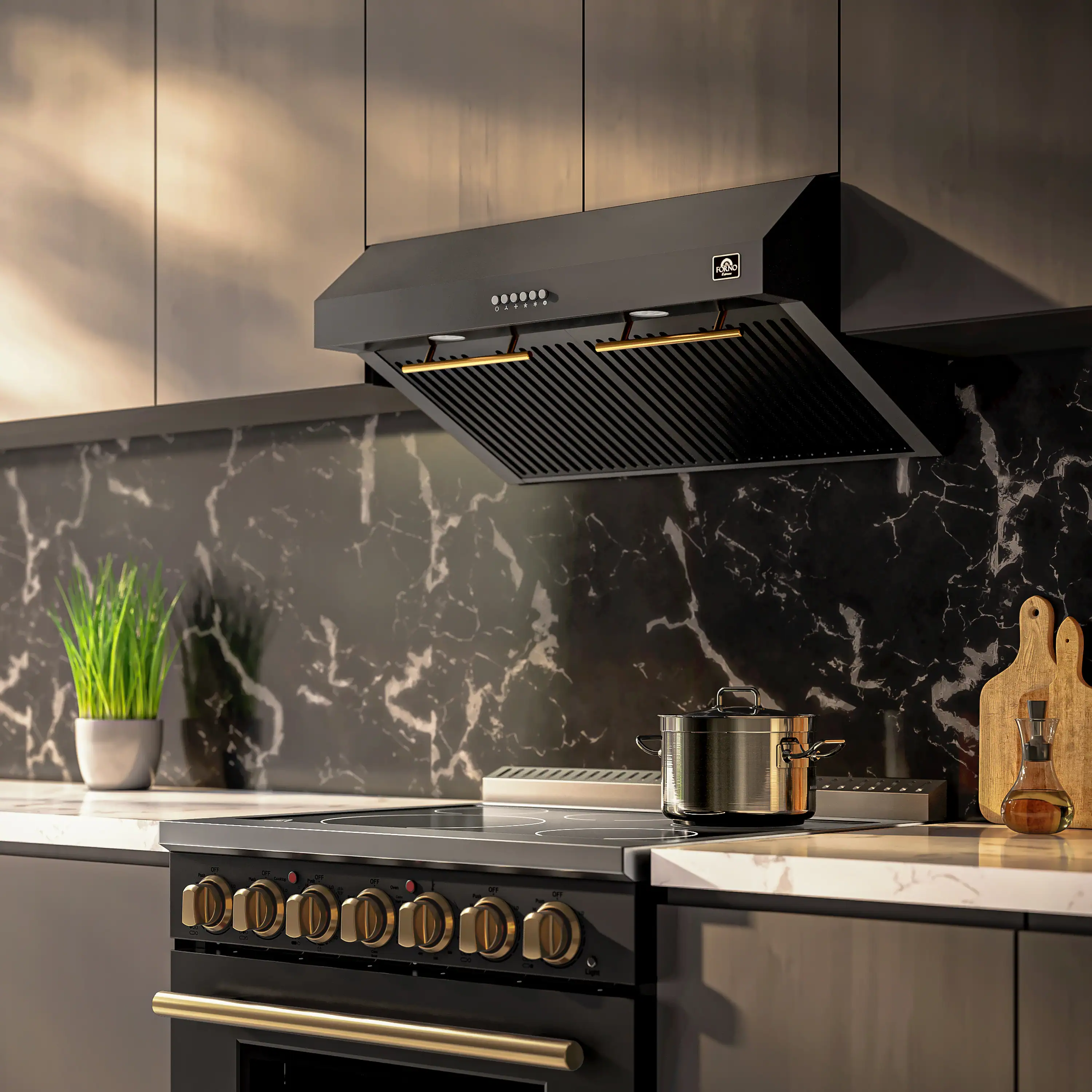 Forno Bari Espresso 30-Inch 400 CFM Under Cabinet Range Hood in Black with Antique Brass Trim (FRHUC5255-30BLK) - Image 3