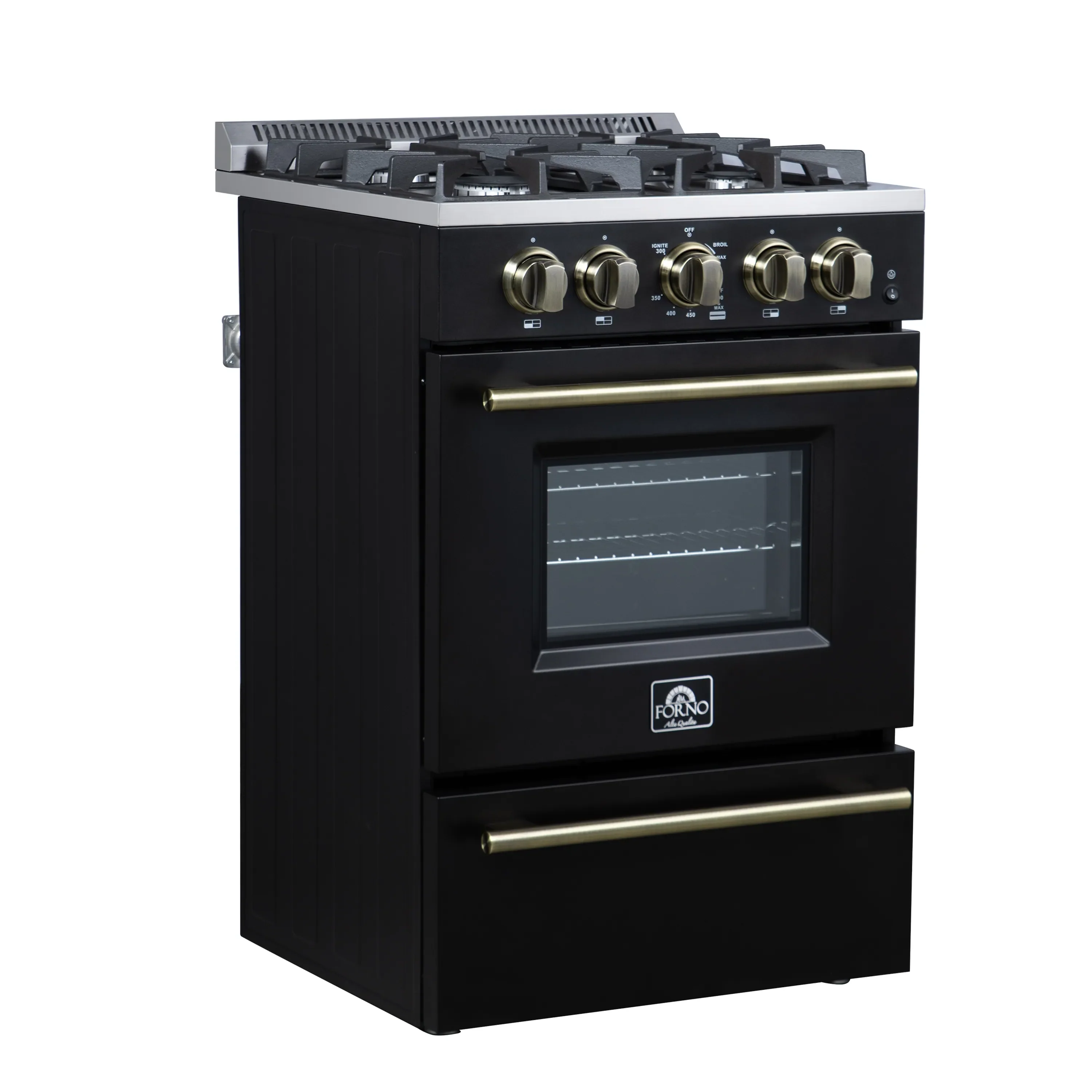 Forno Breno 24-Inch Freestanding Gas Range in Black with Antique Brass Trim (FFSGS6272-24BLK) - Image 3