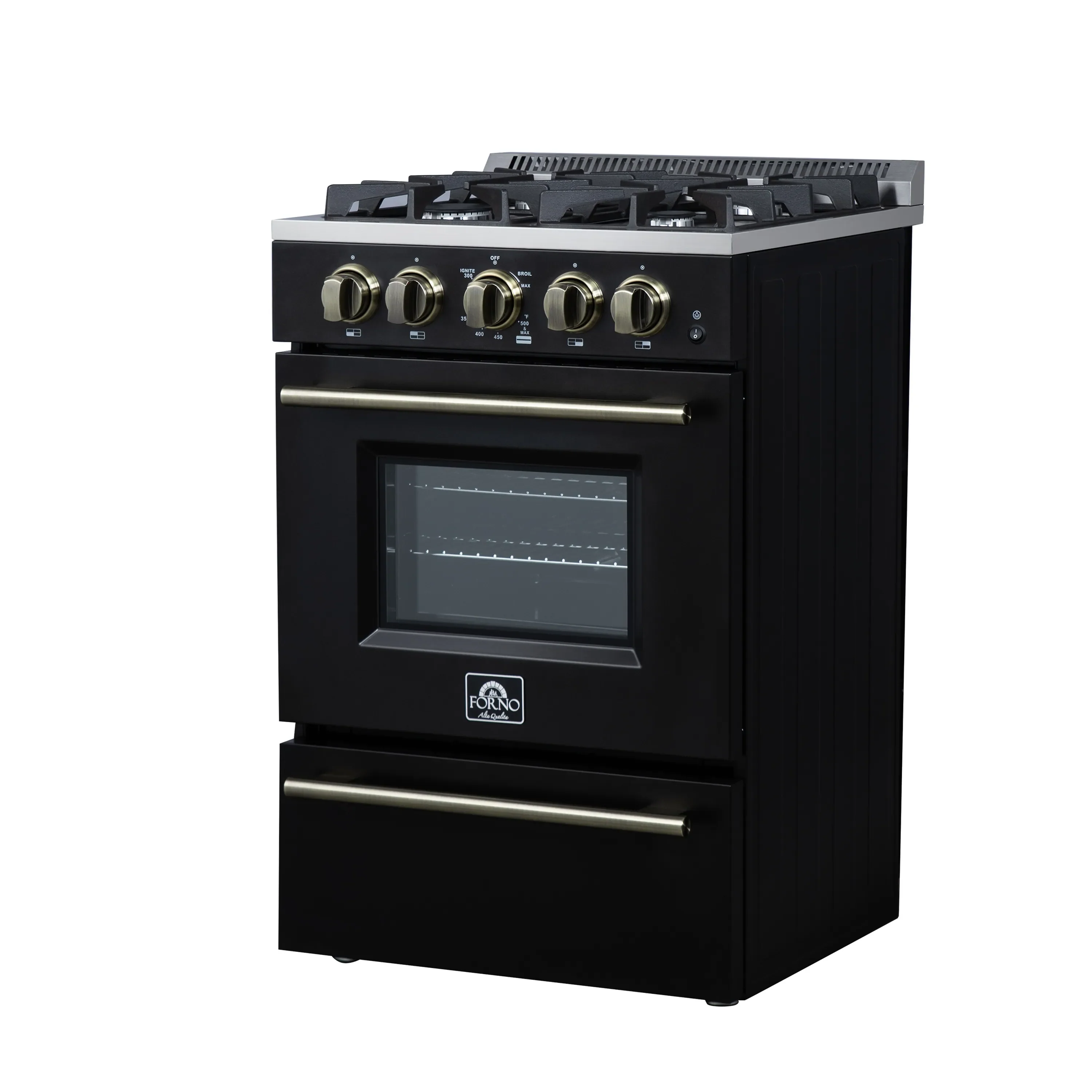 Forno Breno 24-Inch Freestanding Gas Range in Black with Antique Brass Trim (FFSGS6272-24BLK) - Image 4