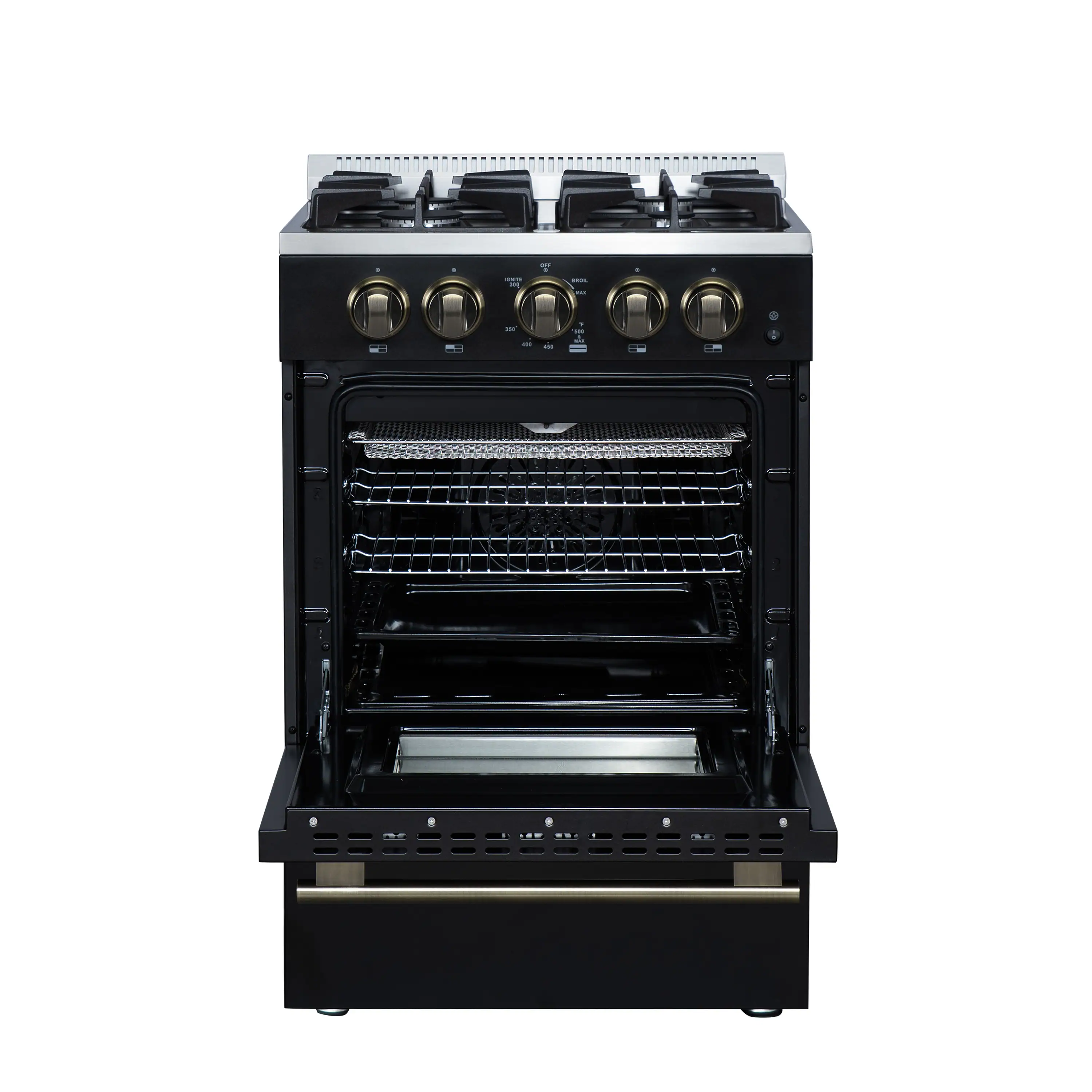 Forno Breno 24-Inch Freestanding Gas Range in Black with Antique Brass Trim (FFSGS6272-24BLK) - Image 5