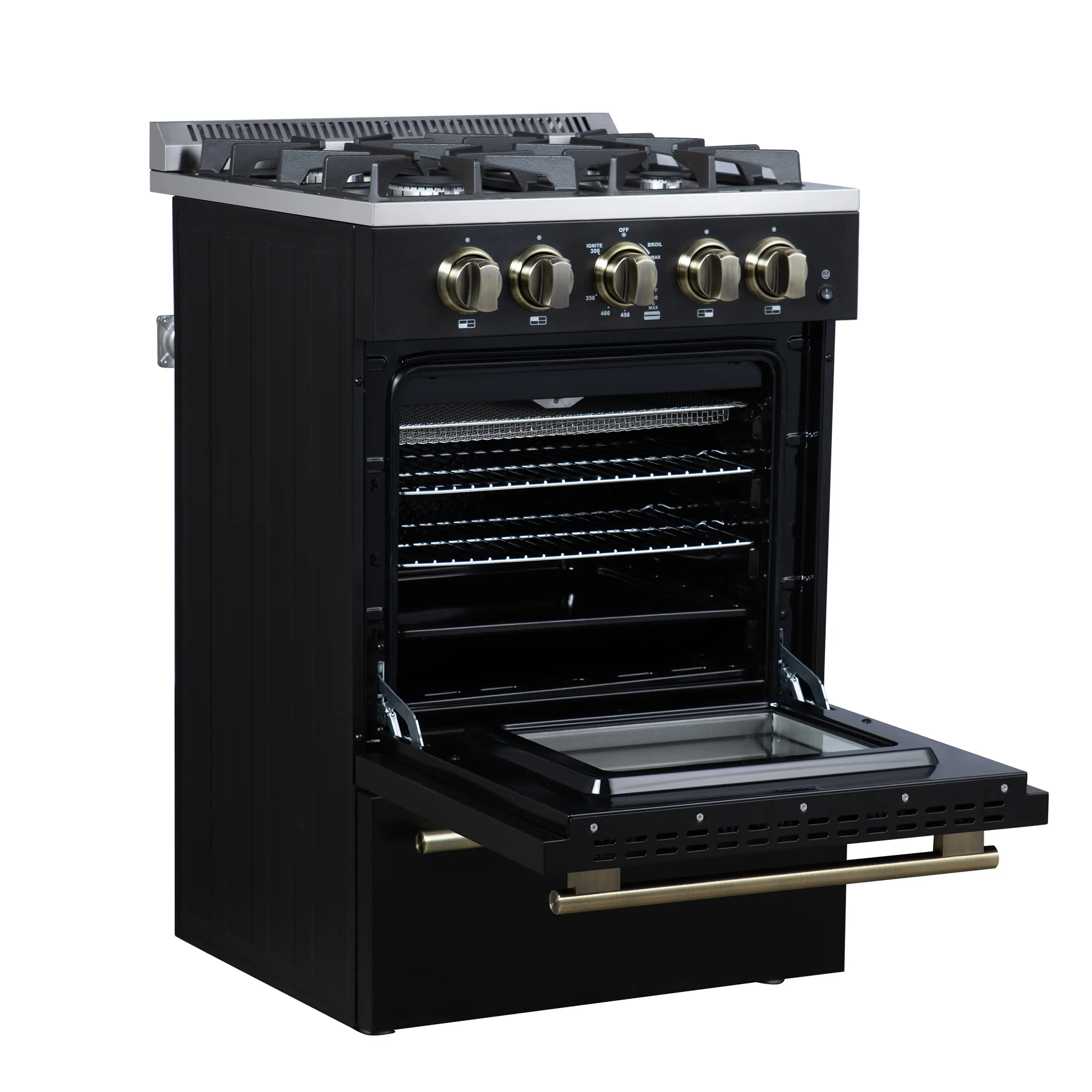 Forno Breno 24-Inch Freestanding Gas Range in Black with Antique Brass Trim (FFSGS6272-24BLK) - Image 6