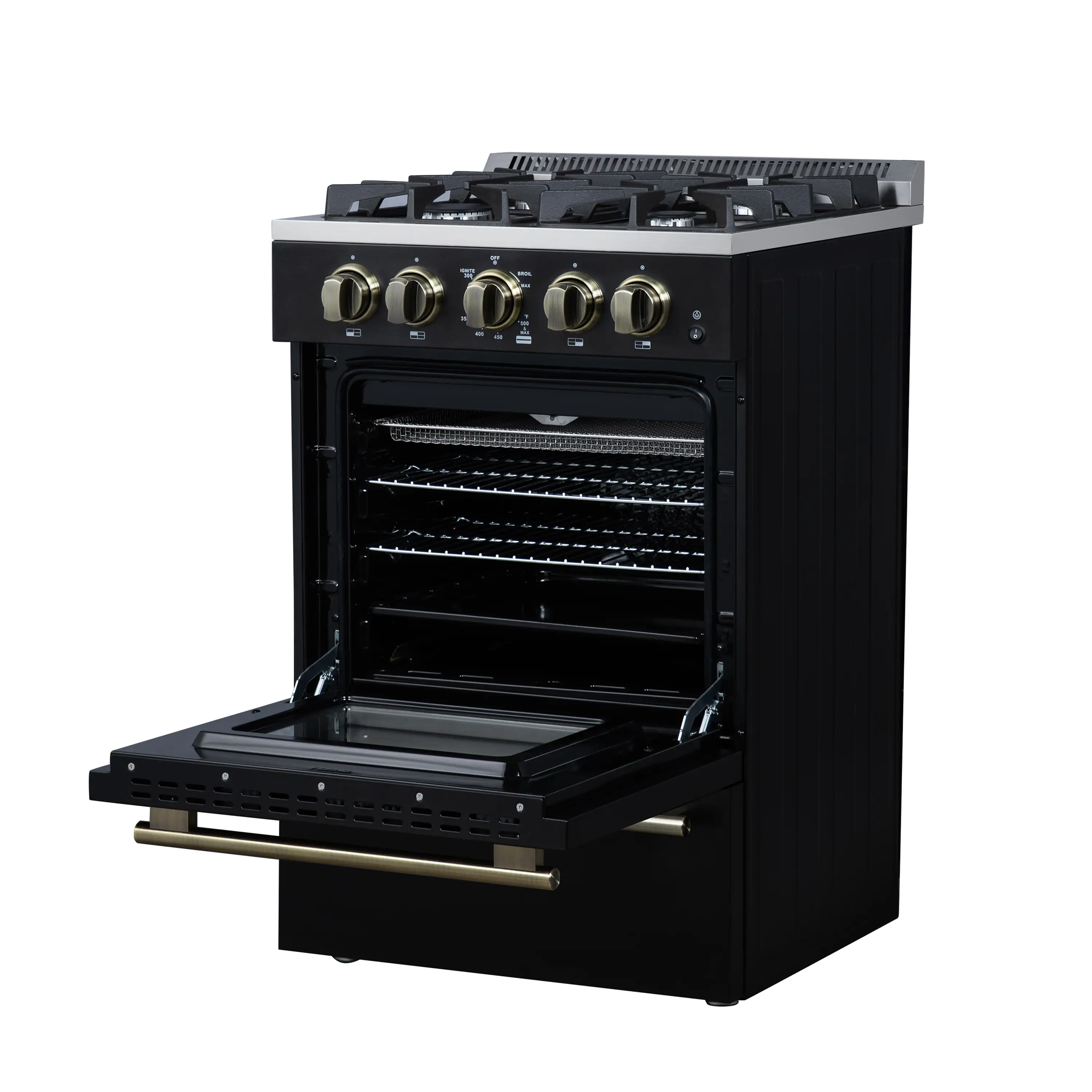 Forno Breno 24-Inch Freestanding Gas Range in Black with Antique Brass Trim (FFSGS6272-24BLK) - Image 7
