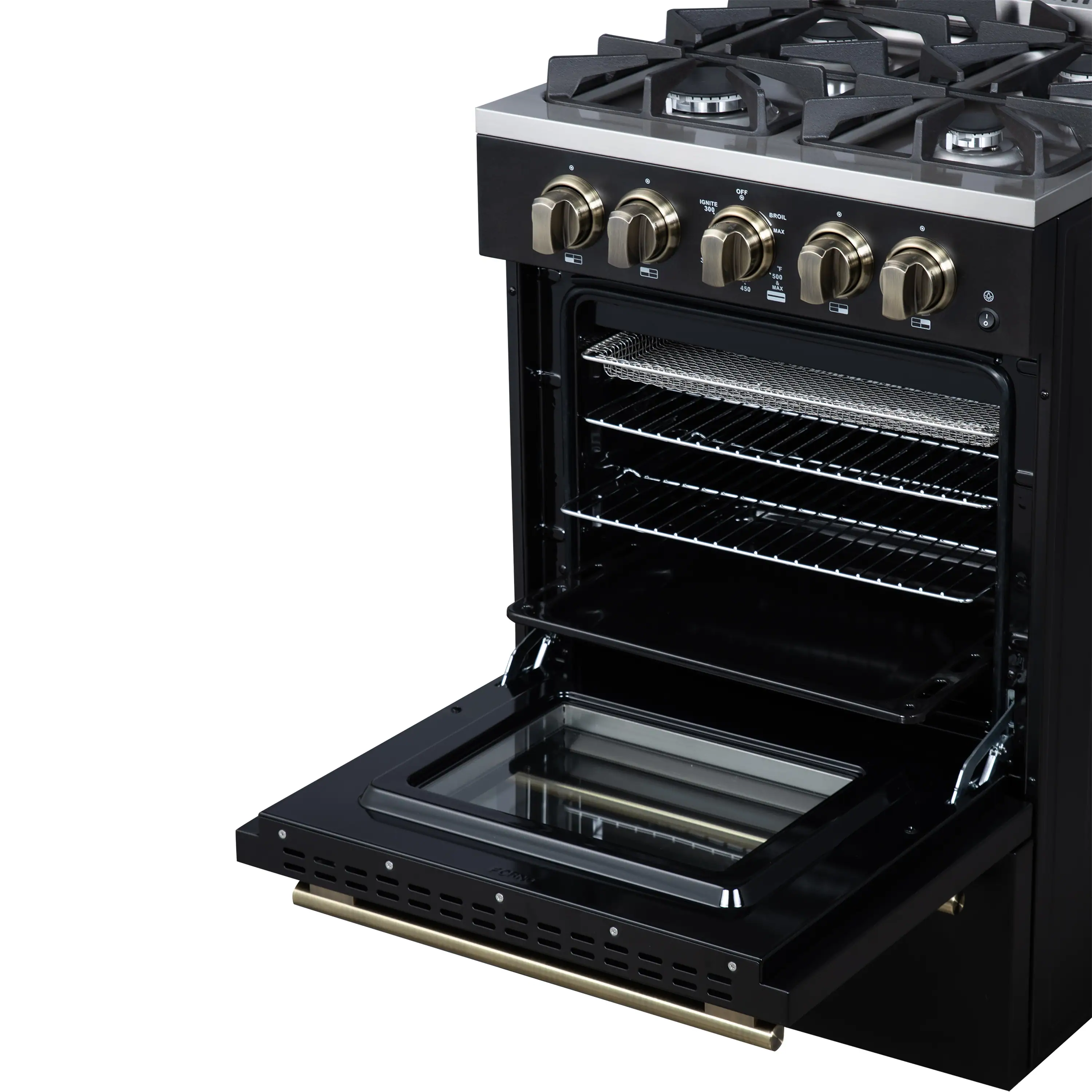 Forno Breno 24-Inch Freestanding Gas Range in Black with Antique Brass Trim (FFSGS6272-24BLK) - Image 8