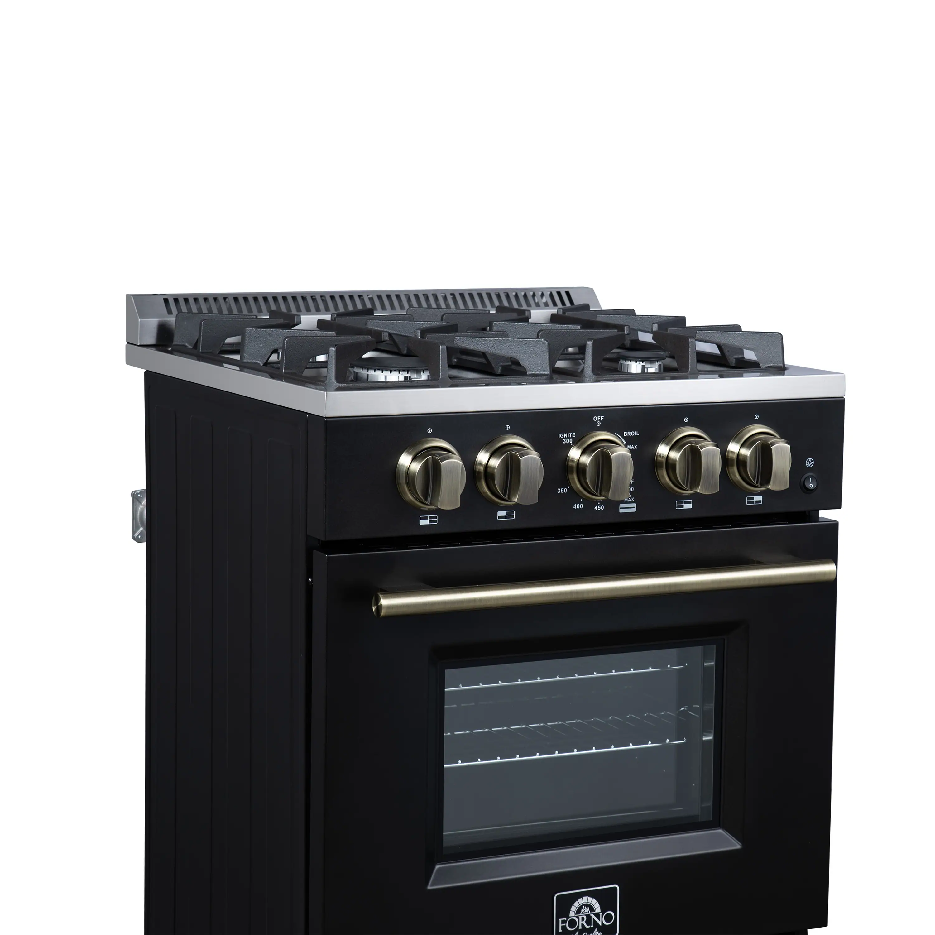 Forno Breno 24-Inch Freestanding Gas Range in Black with Antique Brass Trim (FFSGS6272-24BLK) - Image 9