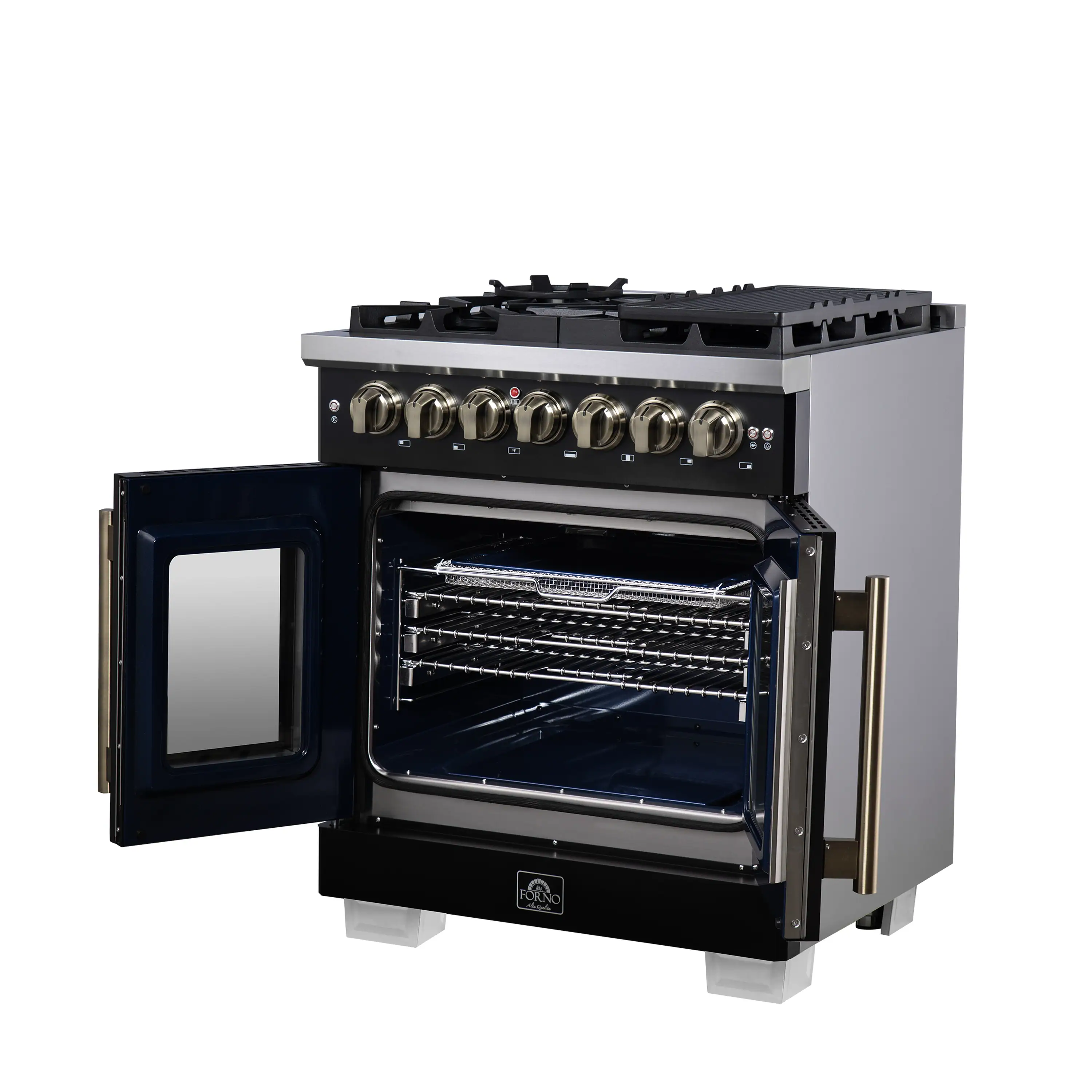 Forno Capriasca 30-Inch Freestanding French Door Dual Fuel Range in Black with Antique Brass Handle (FFSGS6387-30BLK) - Image 12