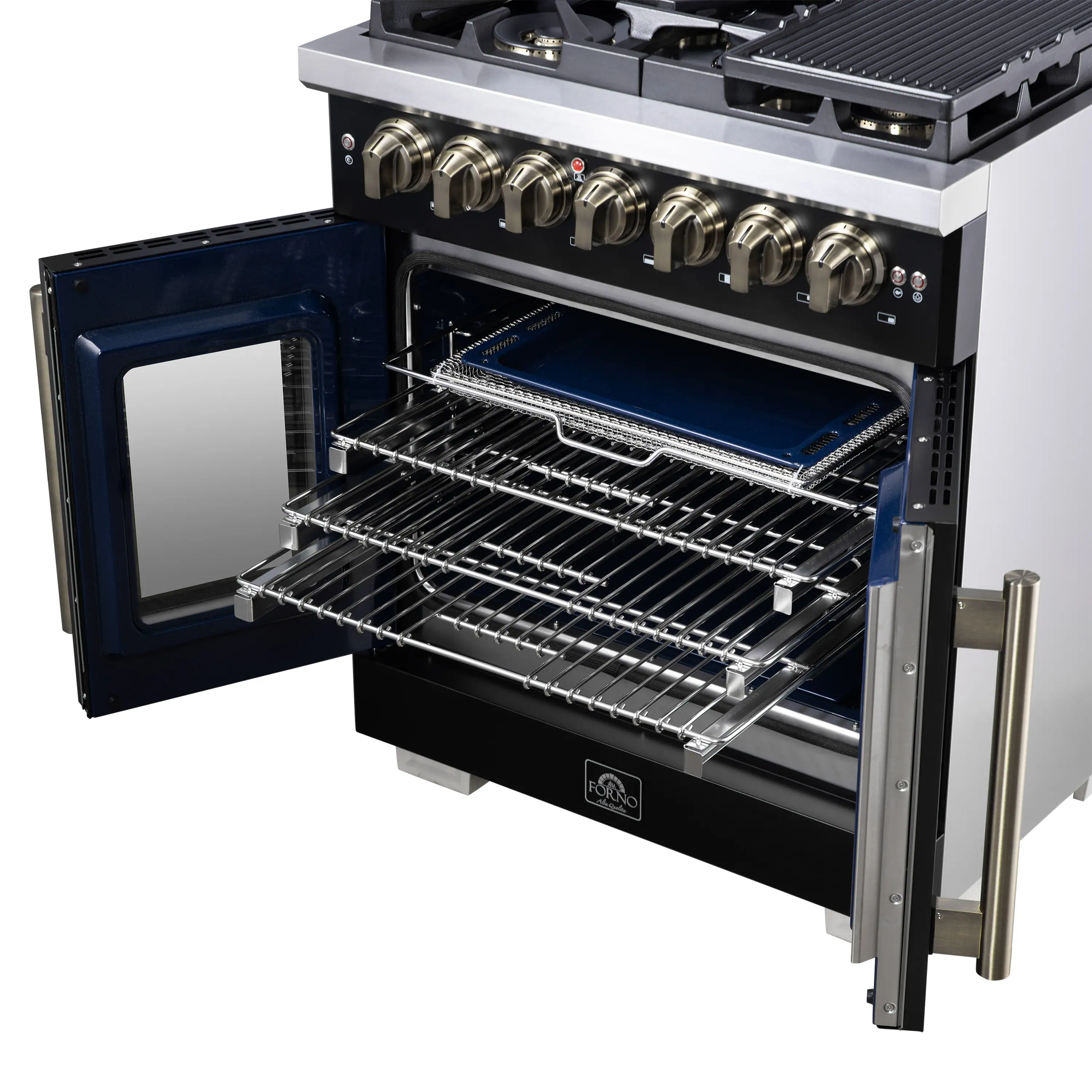 Forno Capriasca 30-Inch Freestanding French Door Dual Fuel Range in Black with Antique Brass Handle (FFSGS6387-30BLK) - Image 13