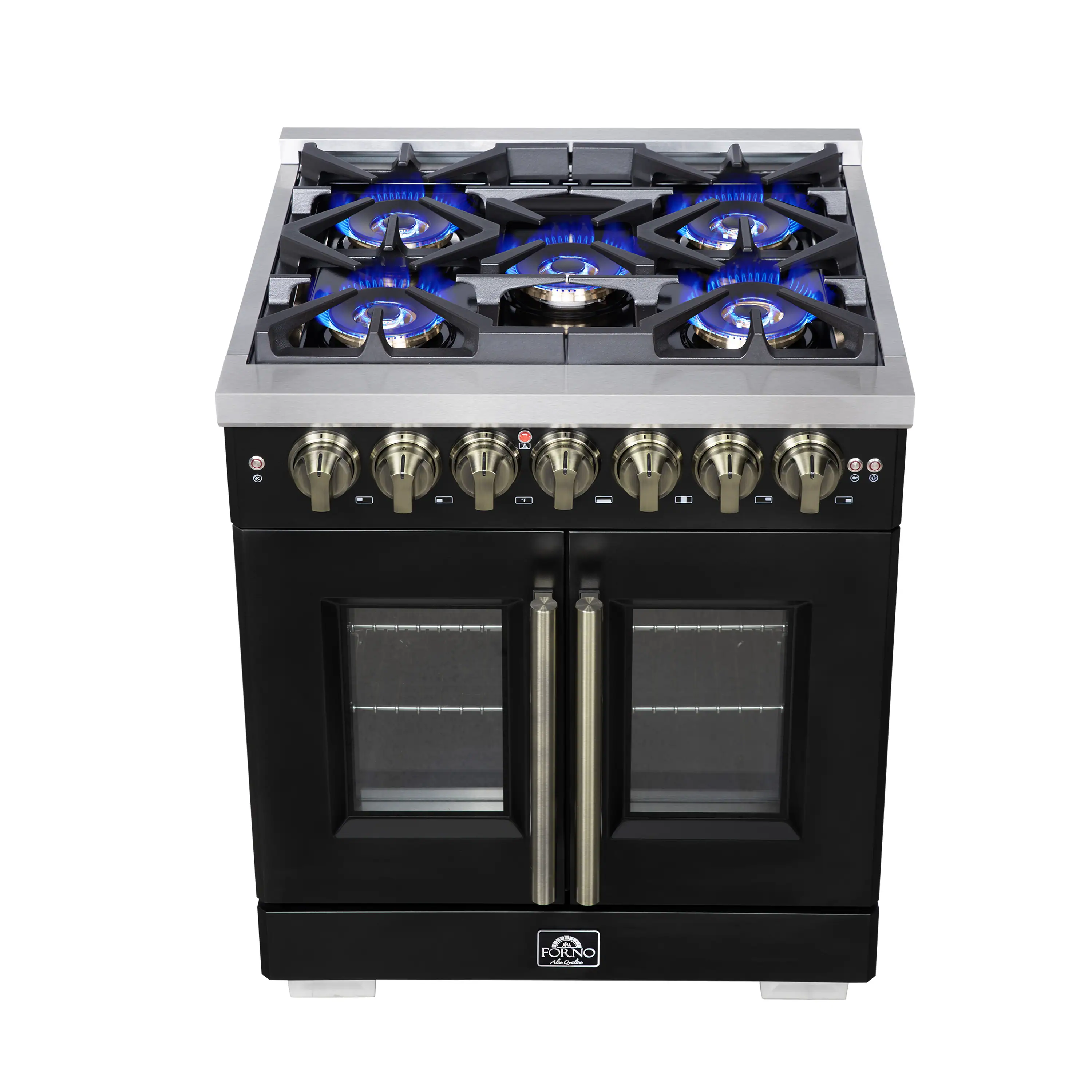 Forno Capriasca 30-Inch Freestanding French Door Dual Fuel Range in Black with Antique Brass Handle (FFSGS6387-30BLK) - Image 2