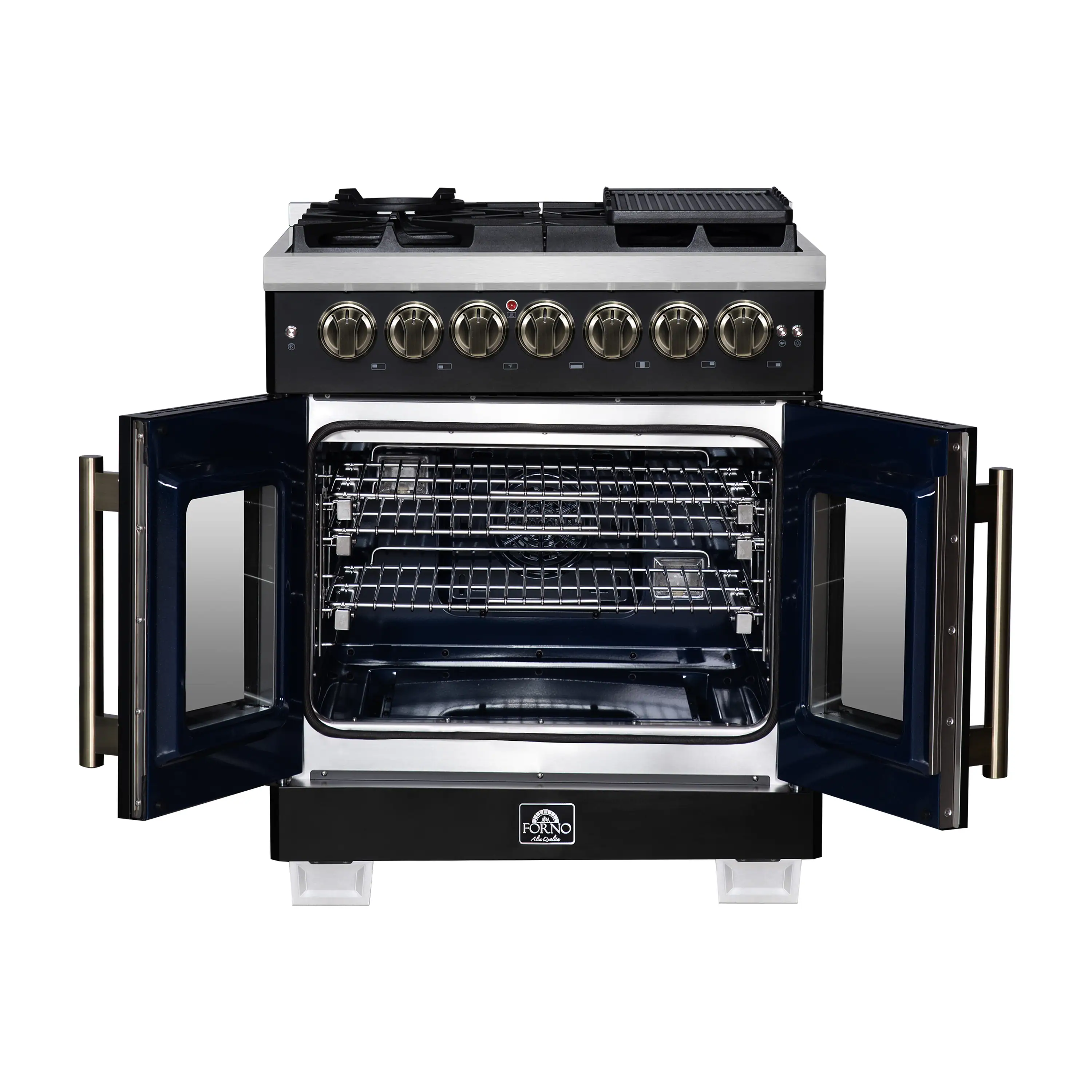Forno Capriasca 30-Inch Freestanding French Door Dual Fuel Range in Black with Antique Brass Handle (FFSGS6387-30BLK) - Image 3