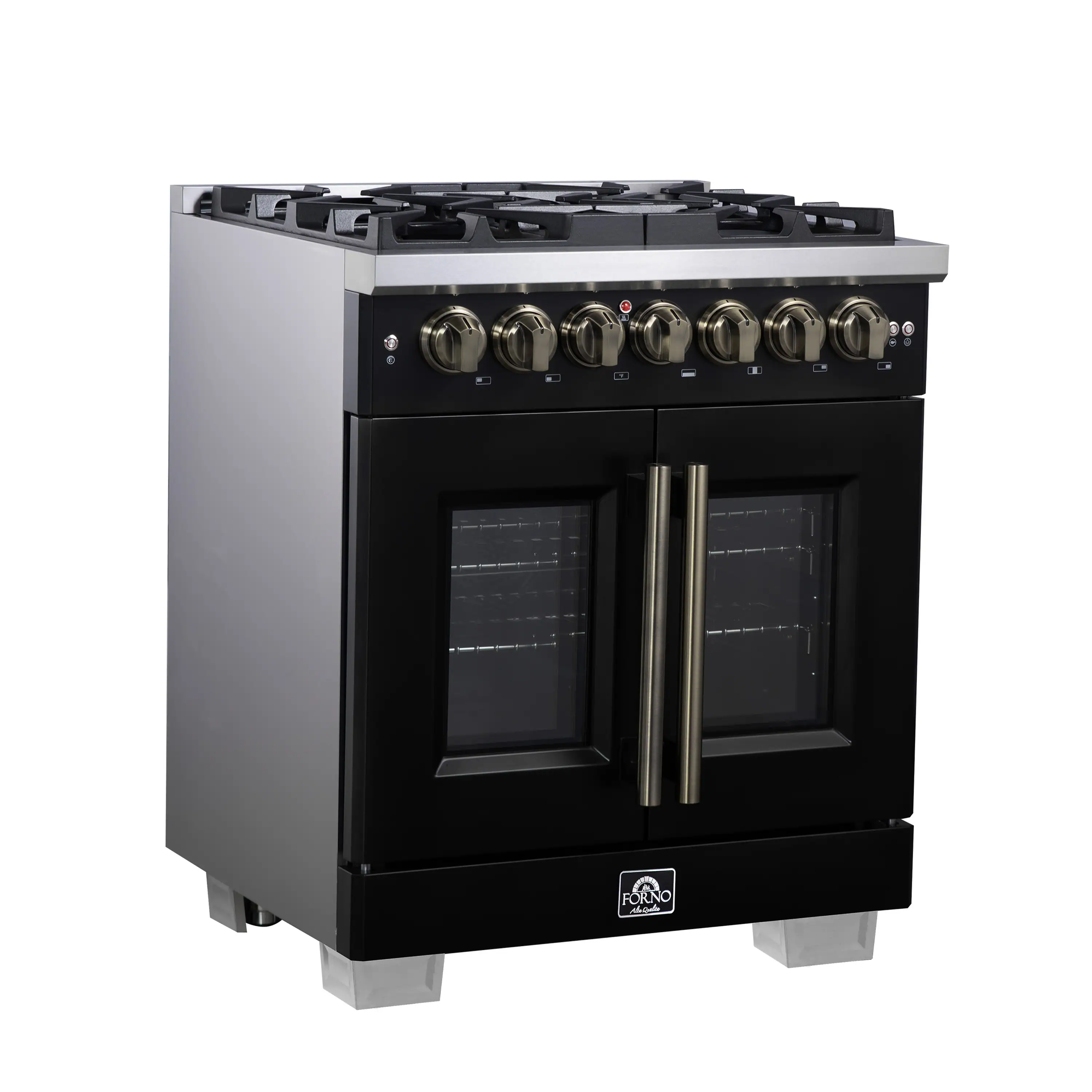 Forno Capriasca 30-Inch Freestanding French Door Dual Fuel Range in Black with Antique Brass Handle (FFSGS6387-30BLK) - Image 4