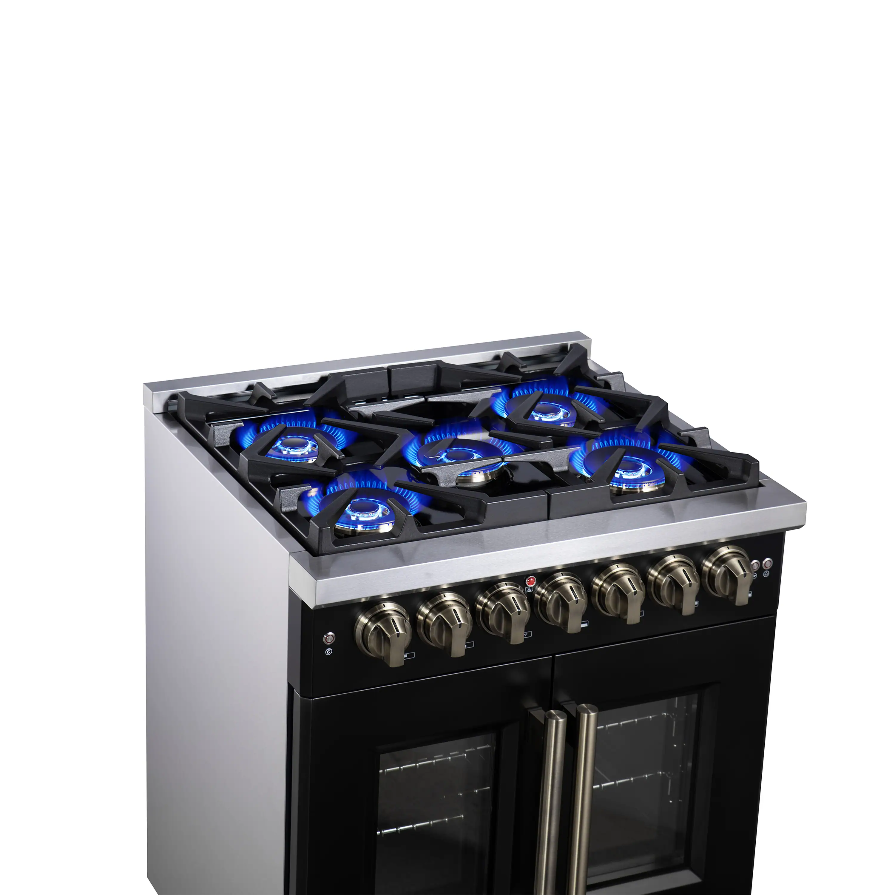 Forno Capriasca 30-Inch Freestanding French Door Dual Fuel Range in Black with Antique Brass Handle (FFSGS6387-30BLK) - Image 5