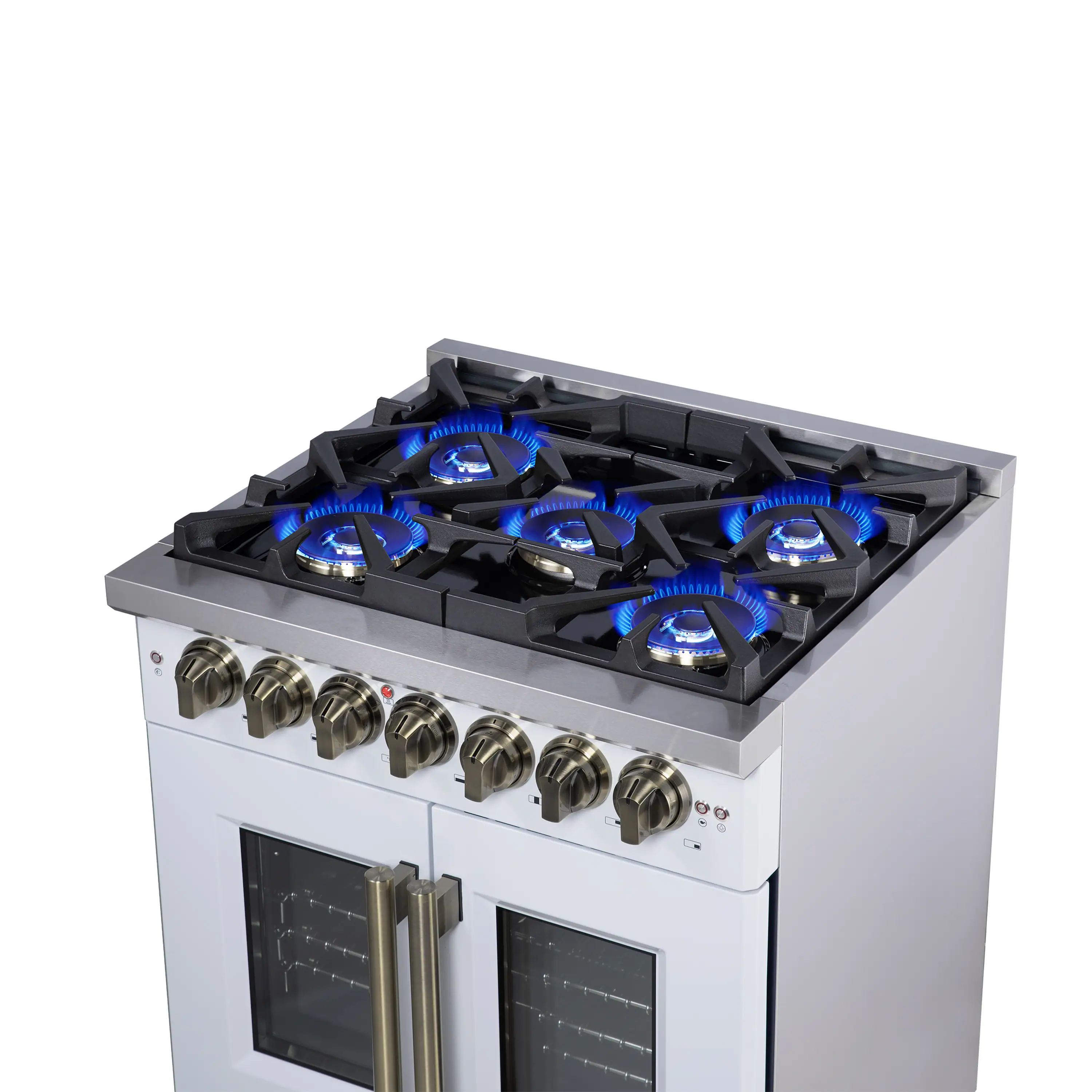 Forno Capriasca 30-Inch Freestanding French Door Dual Fuel Range in White with Antique Brass Handle (FFSGS6387-30WHT) - Image 10