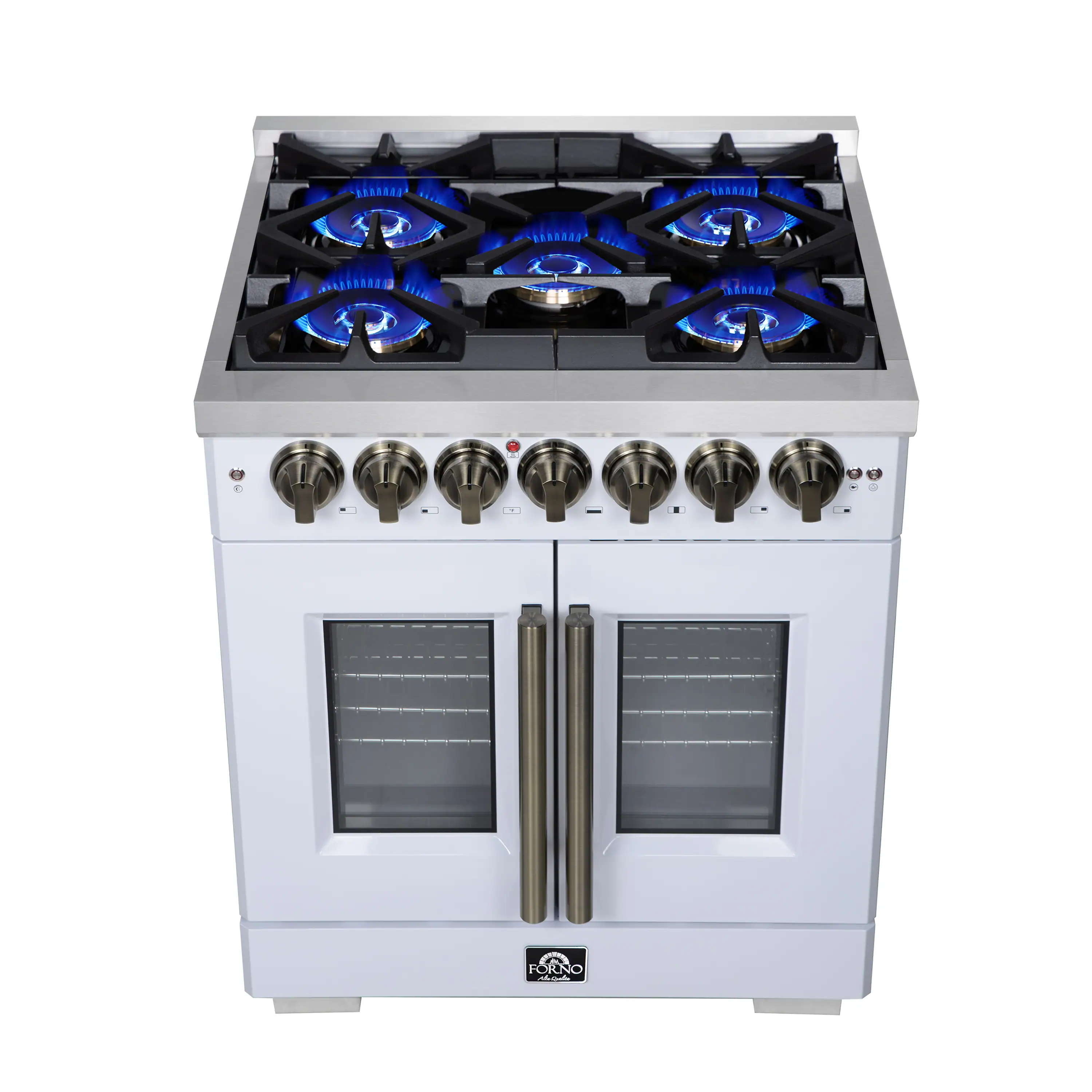 Forno Capriasca 30-Inch Freestanding French Door Dual Fuel Range in White with Antique Brass Handle (FFSGS6387-30WHT) - Image 2