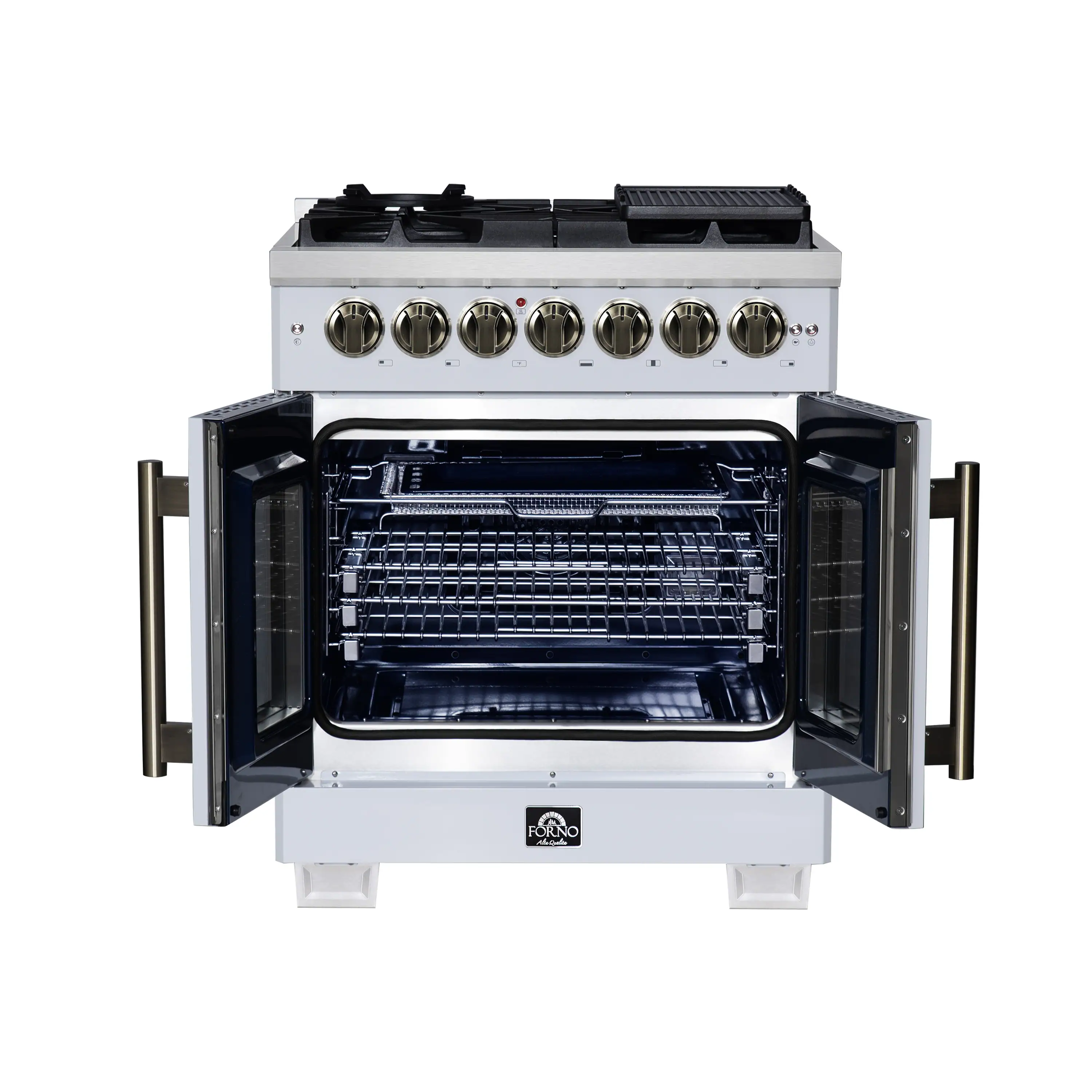 Forno Capriasca 30-Inch Freestanding French Door Dual Fuel Range in White with Antique Brass Handle (FFSGS6387-30WHT) - Image 3