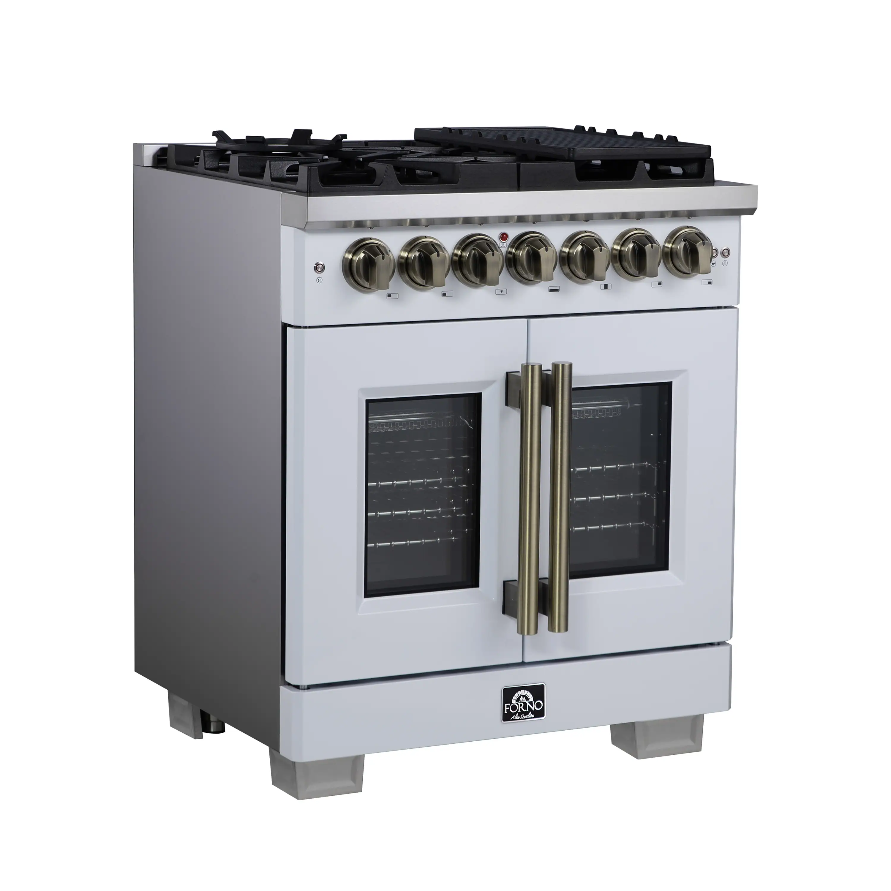 Forno Capriasca 30-Inch Freestanding French Door Dual Fuel Range in White with Antique Brass Handle (FFSGS6387-30WHT) - Image 4