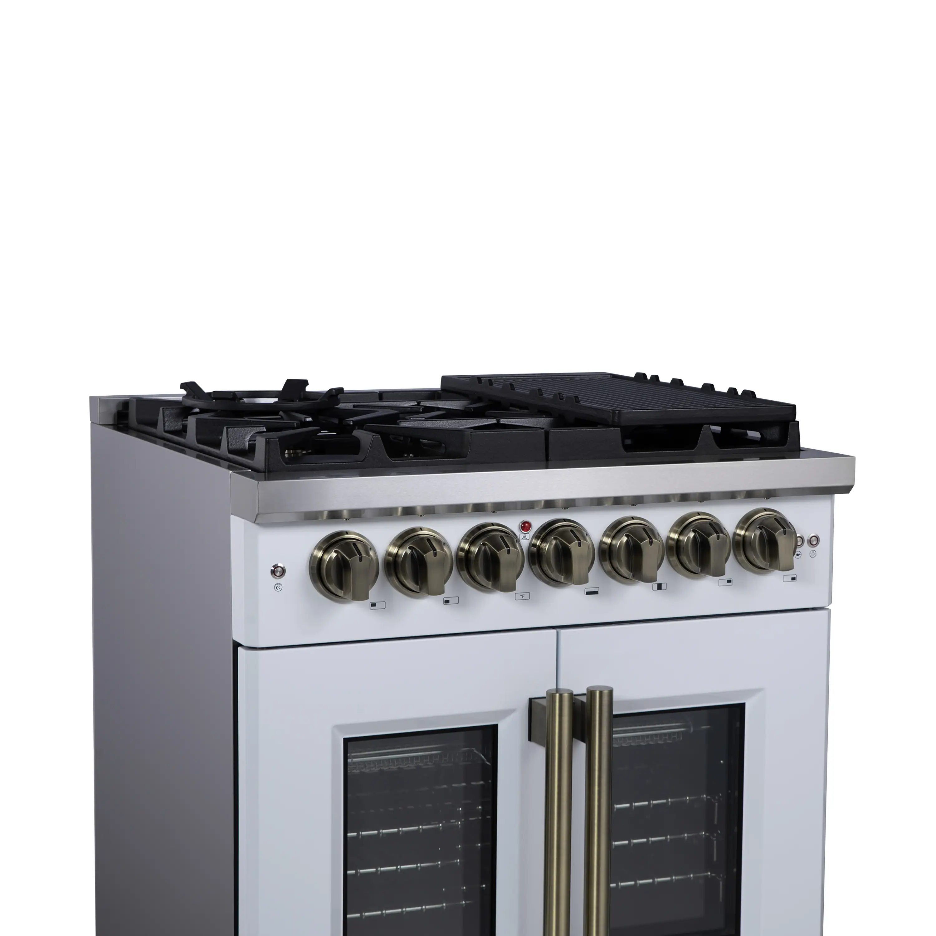 Forno Capriasca 30-Inch Freestanding French Door Dual Fuel Range in White with Antique Brass Handle (FFSGS6387-30WHT) - Image 5