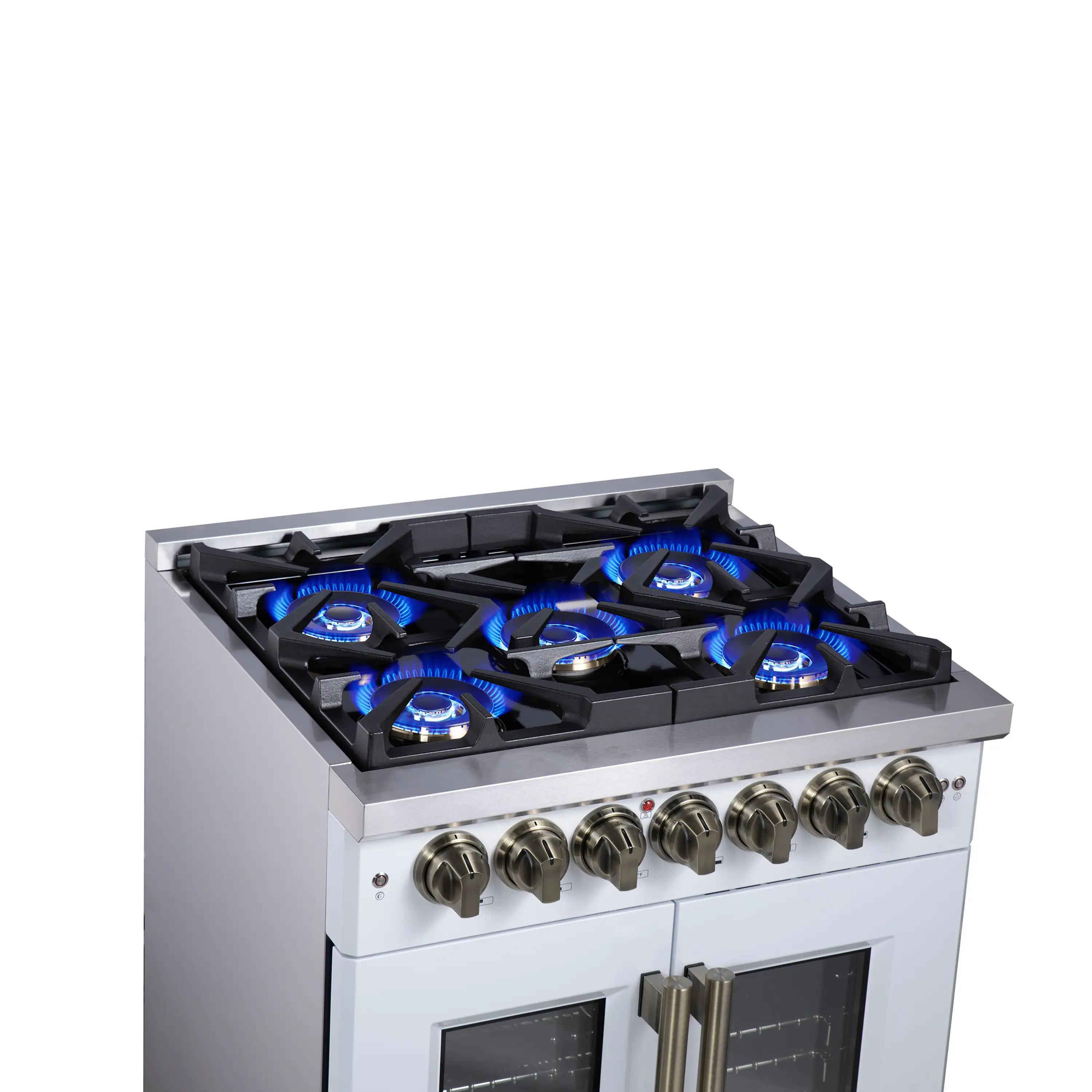 Forno Capriasca 30-Inch Freestanding French Door Dual Fuel Range in White with Antique Brass Handle (FFSGS6387-30WHT) - Image 7