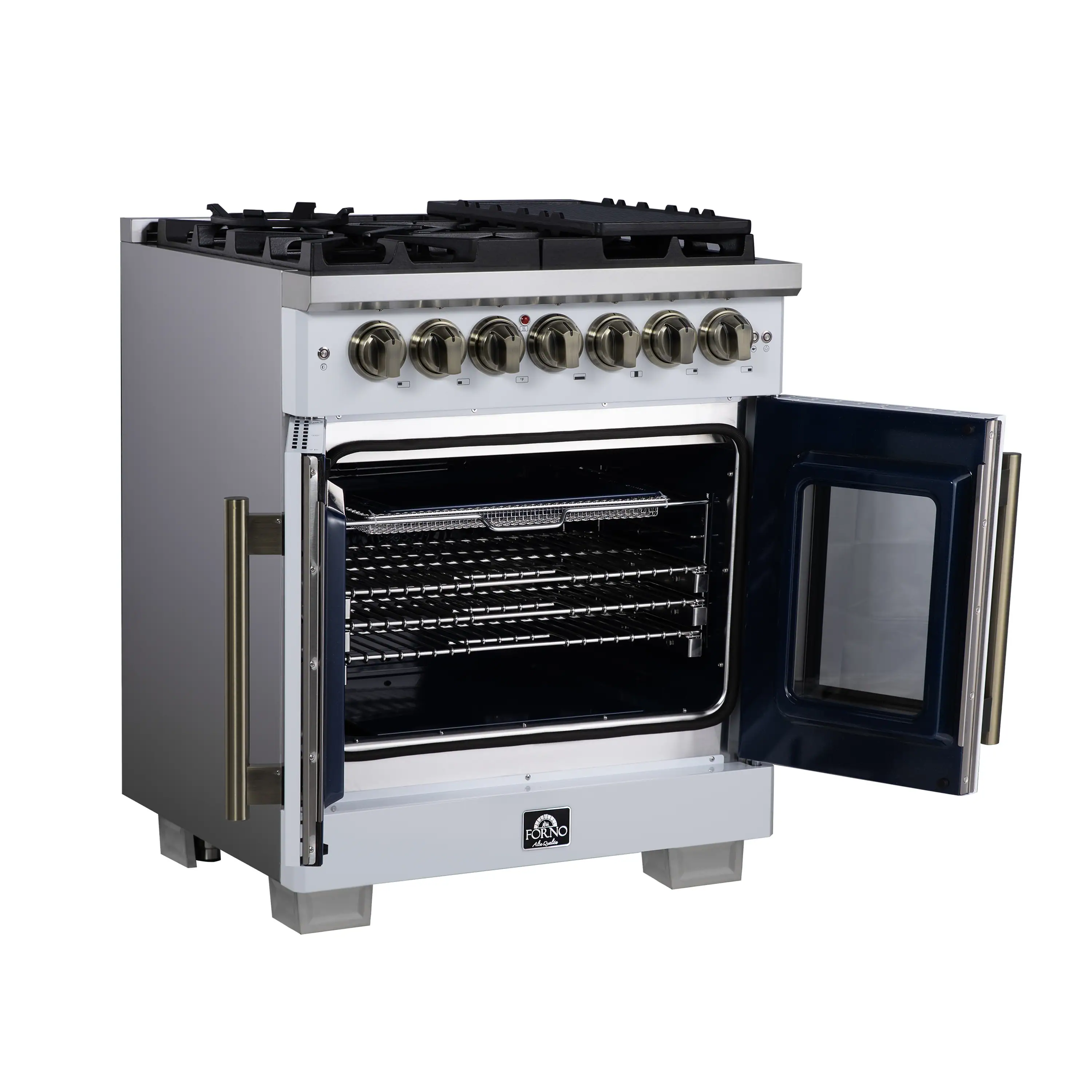 Forno Capriasca 30-Inch Freestanding French Door Dual Fuel Range in White with Antique Brass Handle (FFSGS6387-30WHT) - Image 8