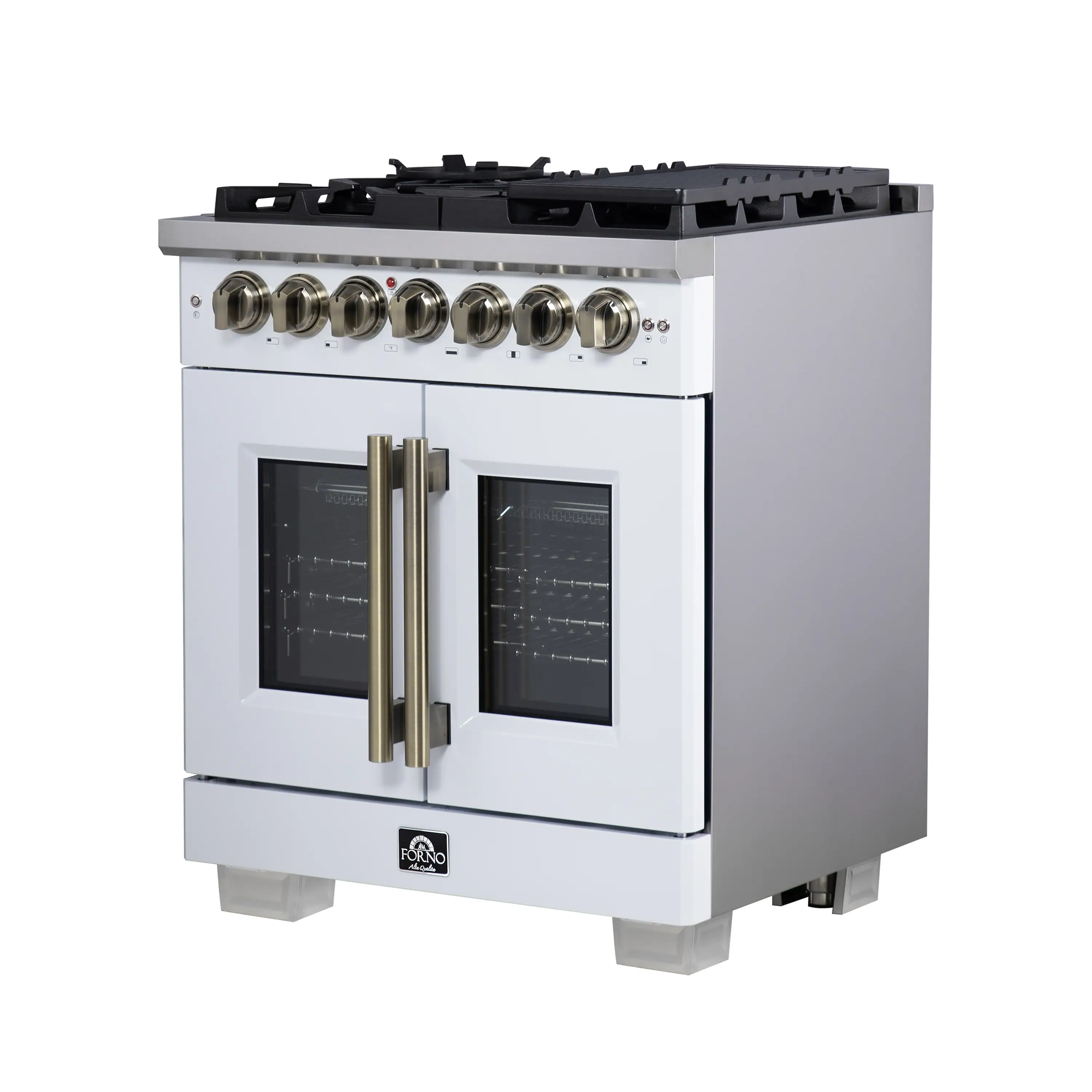 Forno Capriasca 30-Inch Freestanding French Door Dual Fuel Range in White with Antique Brass Handle (FFSGS6387-30WHT) - Image 9