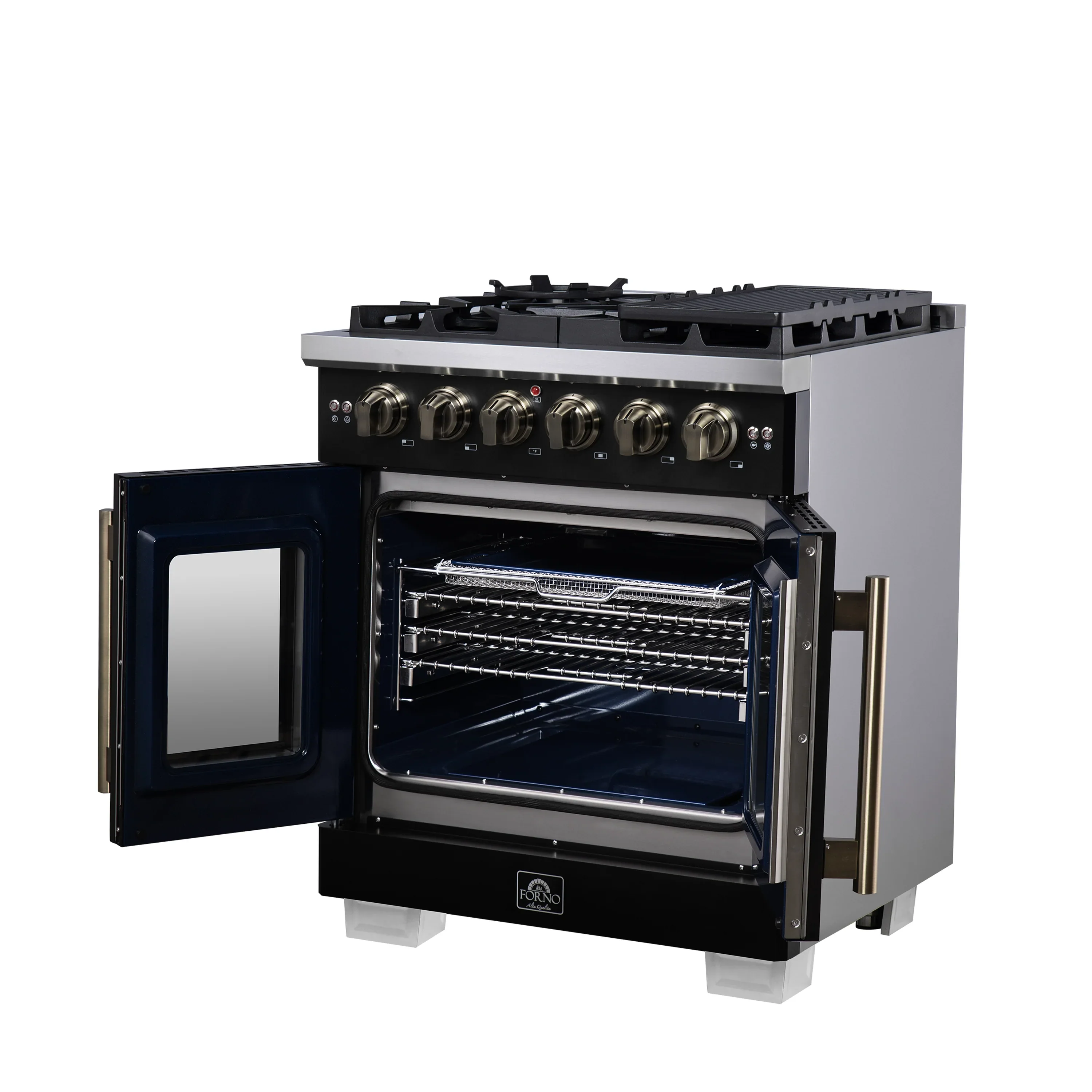 Forno Capriasca 30-Inch Freestanding French Door Gas Range with 4 Burners and 4.32 Cu.Ft. Convection Oven in Black with Antique Brass Handle (FFSGS6460-30BLK) - Image 15