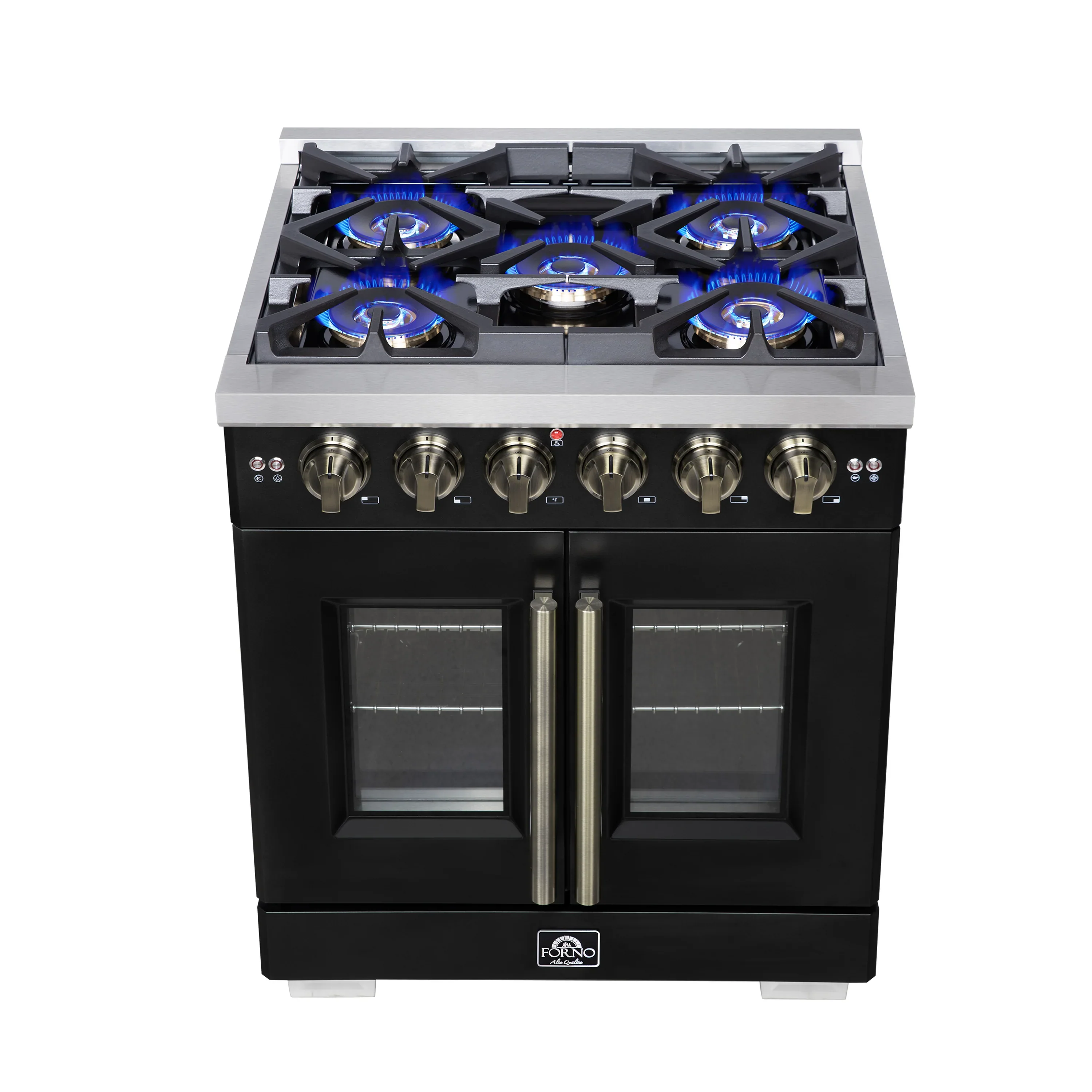Forno Capriasca 30-Inch Freestanding French Door Gas Range with 4 Burners and 4.32 Cu.Ft. Convection Oven in Black with Antique Brass Handle (FFSGS6460-30BLK) - Image 2