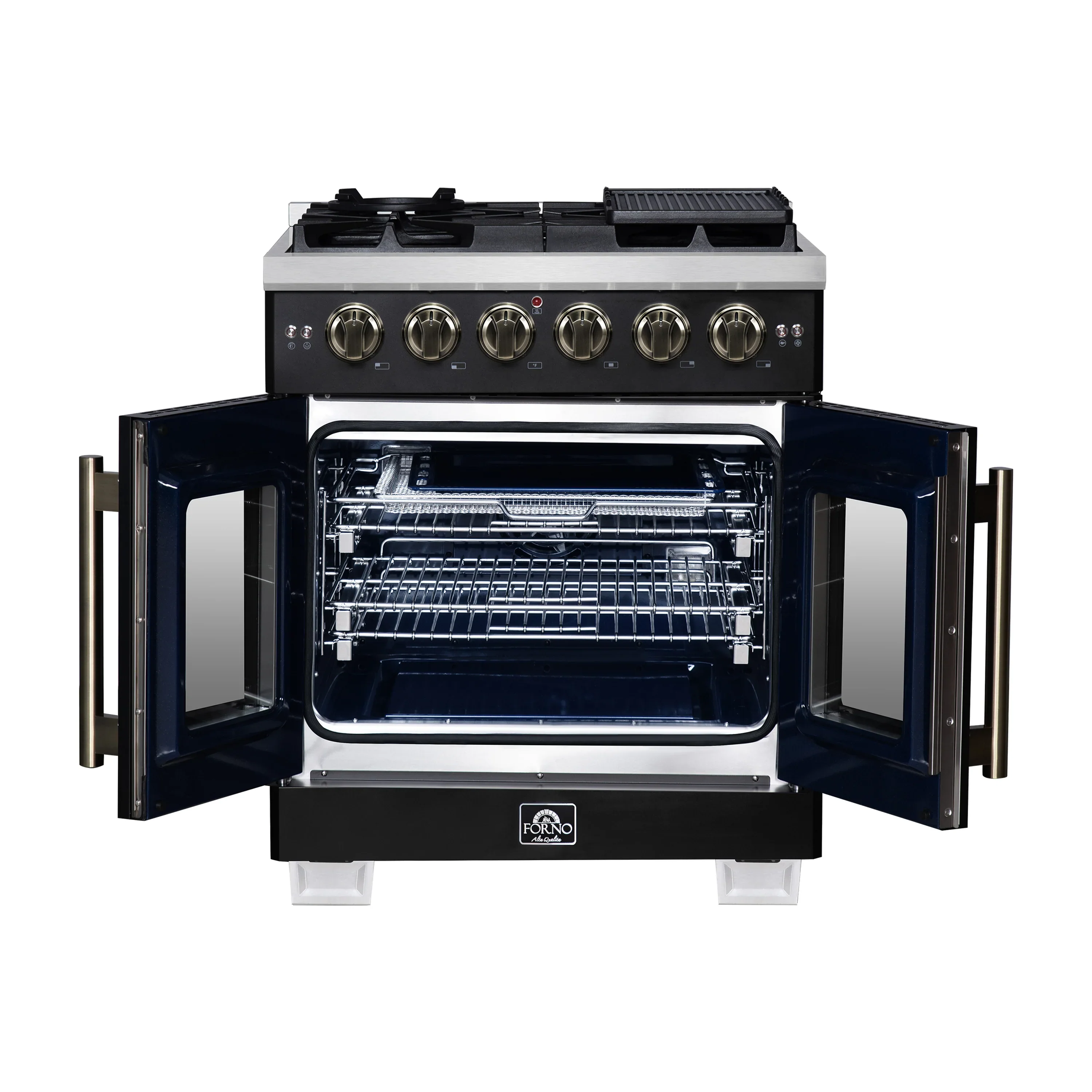 Forno Capriasca 30-Inch Freestanding French Door Gas Range with 4 Burners and 4.32 Cu.Ft. Convection Oven in Black with Antique Brass Handle (FFSGS6460-30BLK) - Image 3