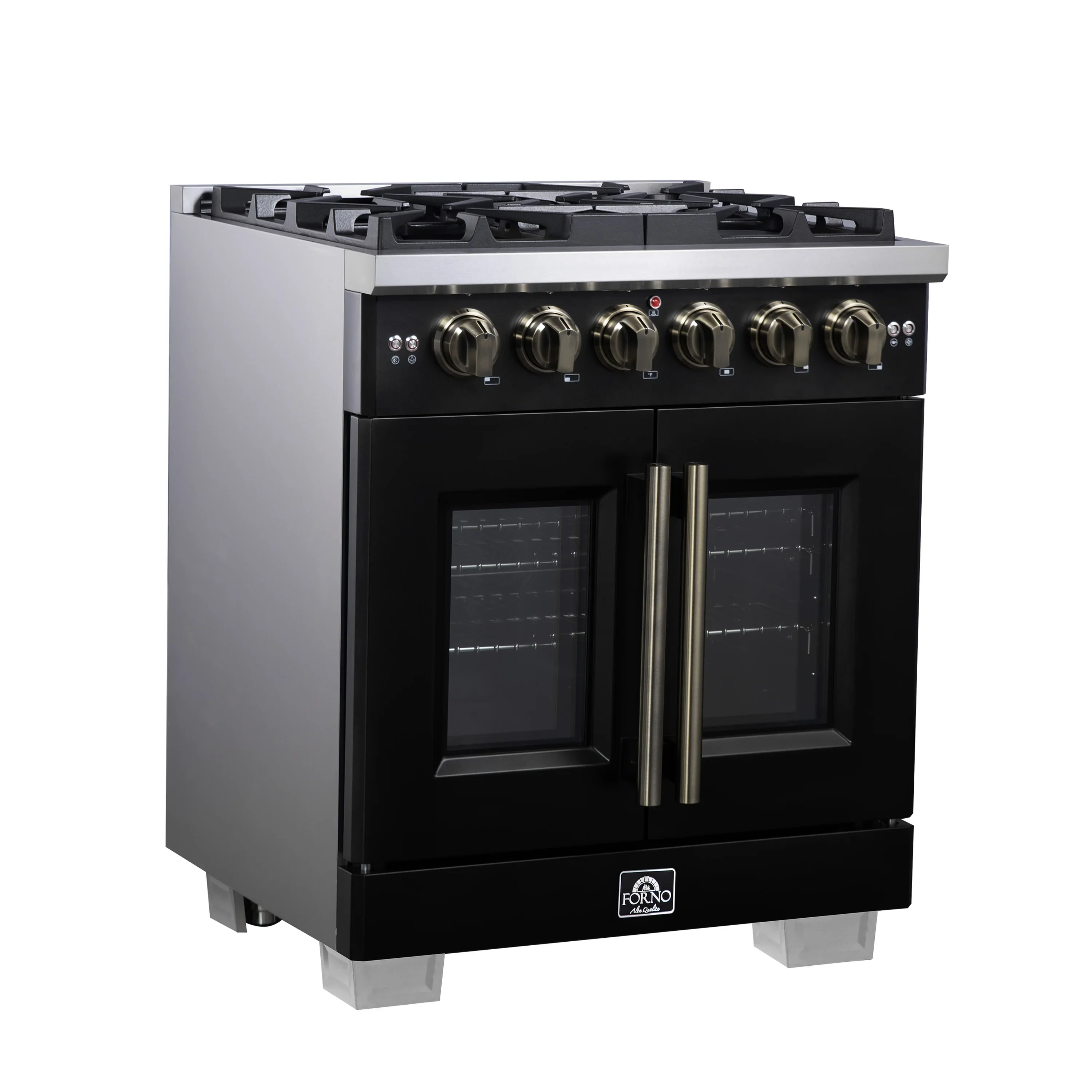 Forno Capriasca 30-Inch Freestanding French Door Gas Range with 4 Burners and 4.32 Cu.Ft. Convection Oven in Black with Antique Brass Handle (FFSGS6460-30BLK) - Image 4