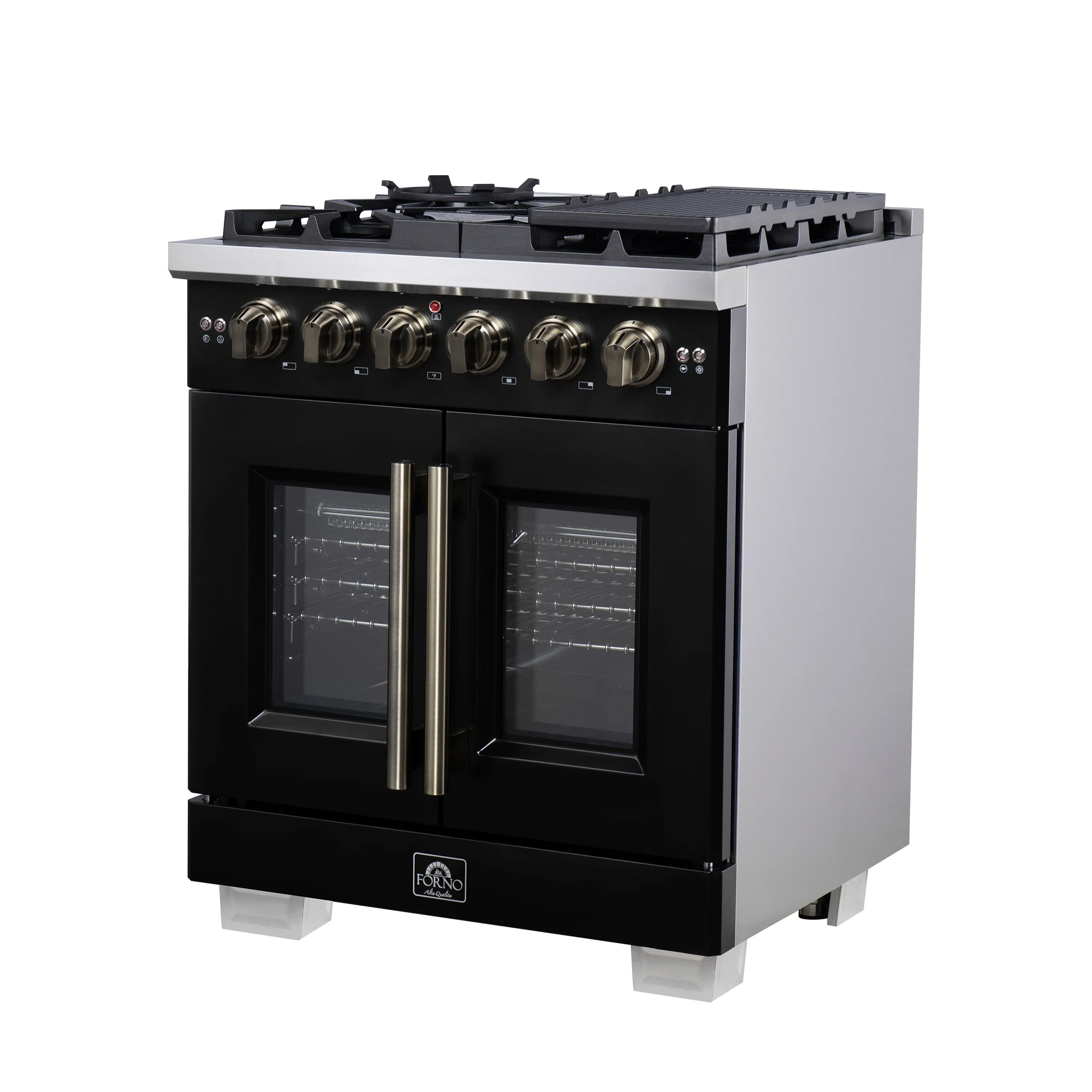 Forno Capriasca 30-Inch Freestanding French Door Gas Range with 4 Burners and 4.32 Cu.Ft. Convection Oven in Black with Antique Brass Handle (FFSGS6460-30BLK) - Image 5