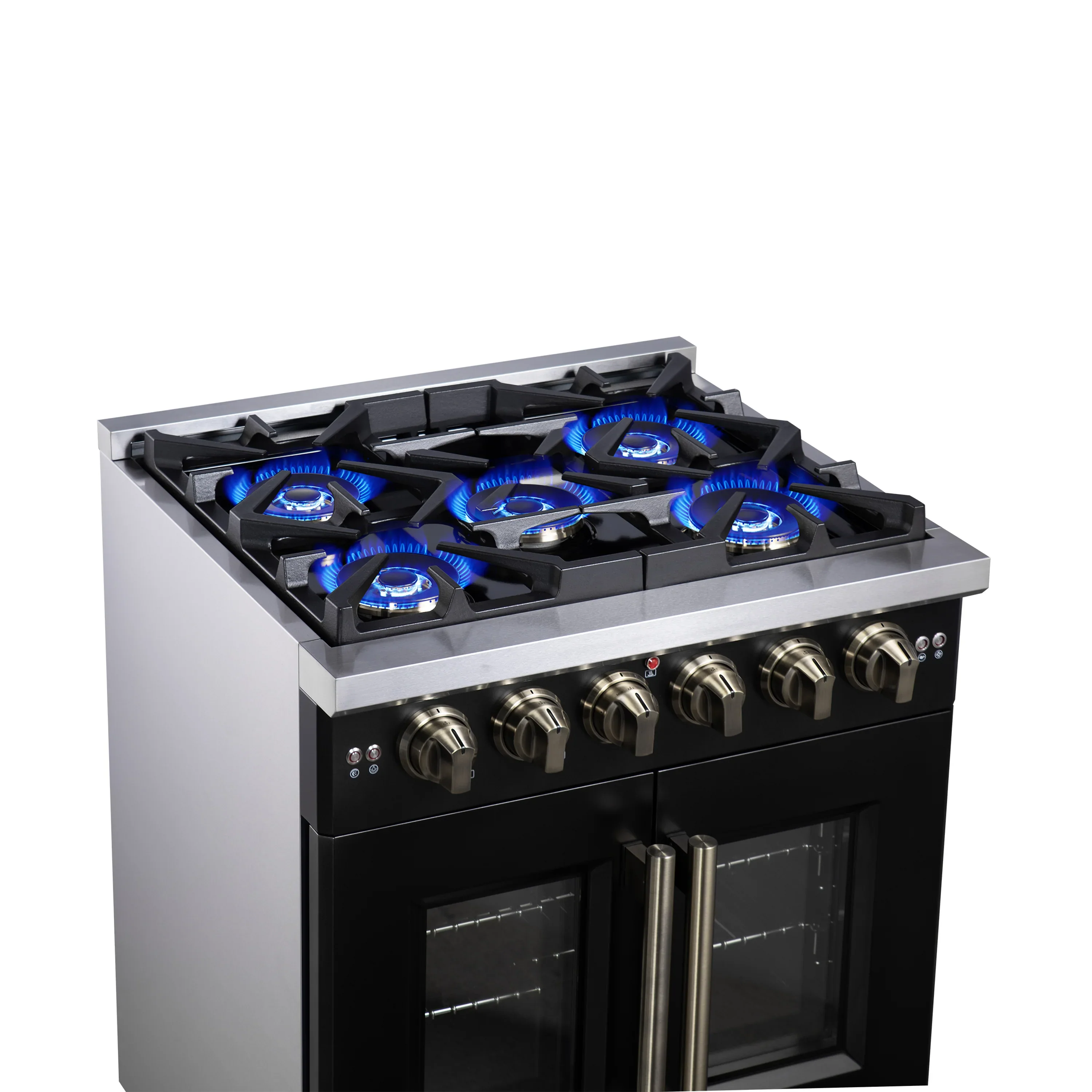 Forno Capriasca 30-Inch Freestanding French Door Gas Range with 4 Burners and 4.32 Cu.Ft. Convection Oven in Black with Antique Brass Handle (FFSGS6460-30BLK) - Image 8
