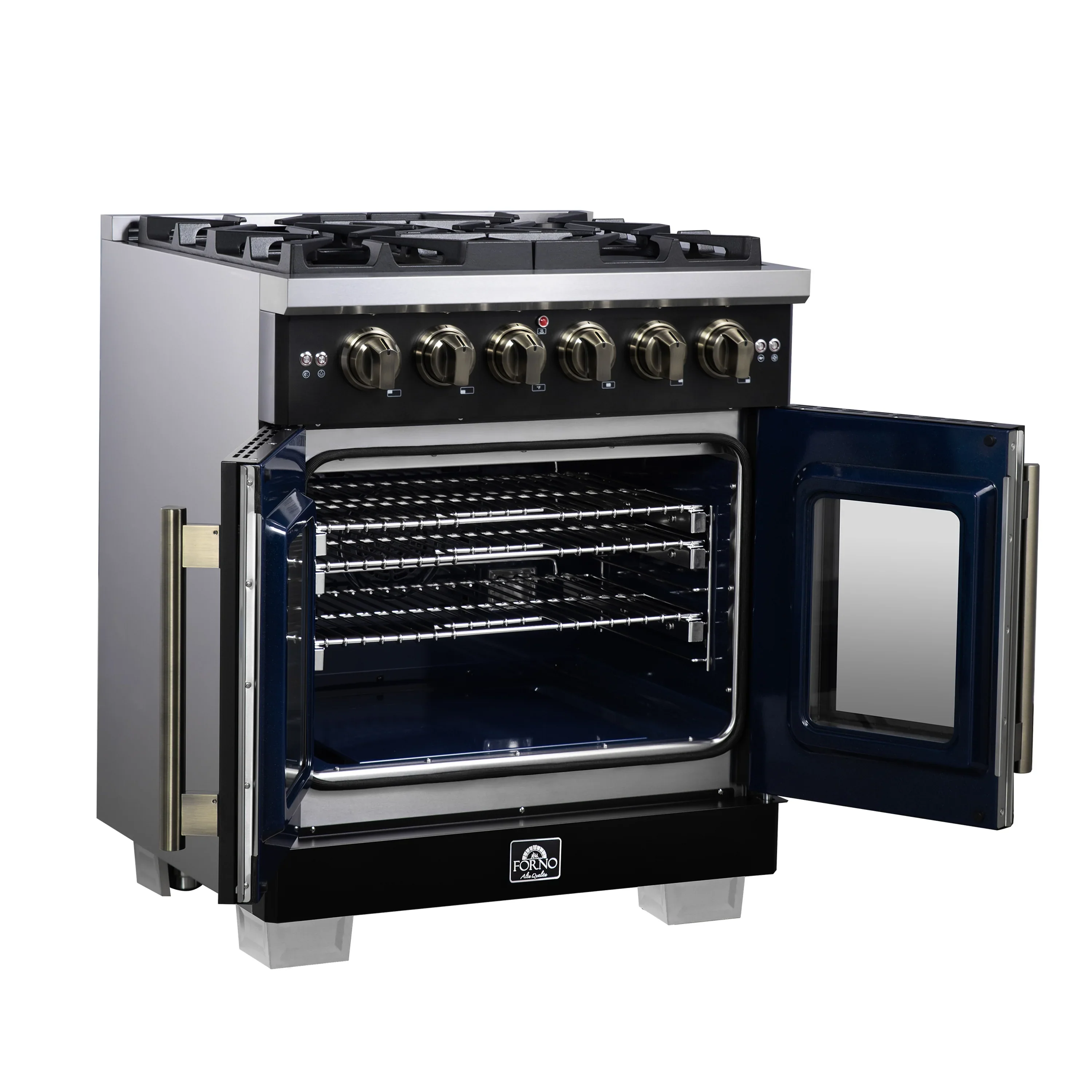 Forno Capriasca 30-Inch Freestanding French Door Gas Range with 4 Burners and 4.32 Cu.Ft. Convection Oven in Black with Antique Brass Handle (FFSGS6460-30BLK) - Image 9