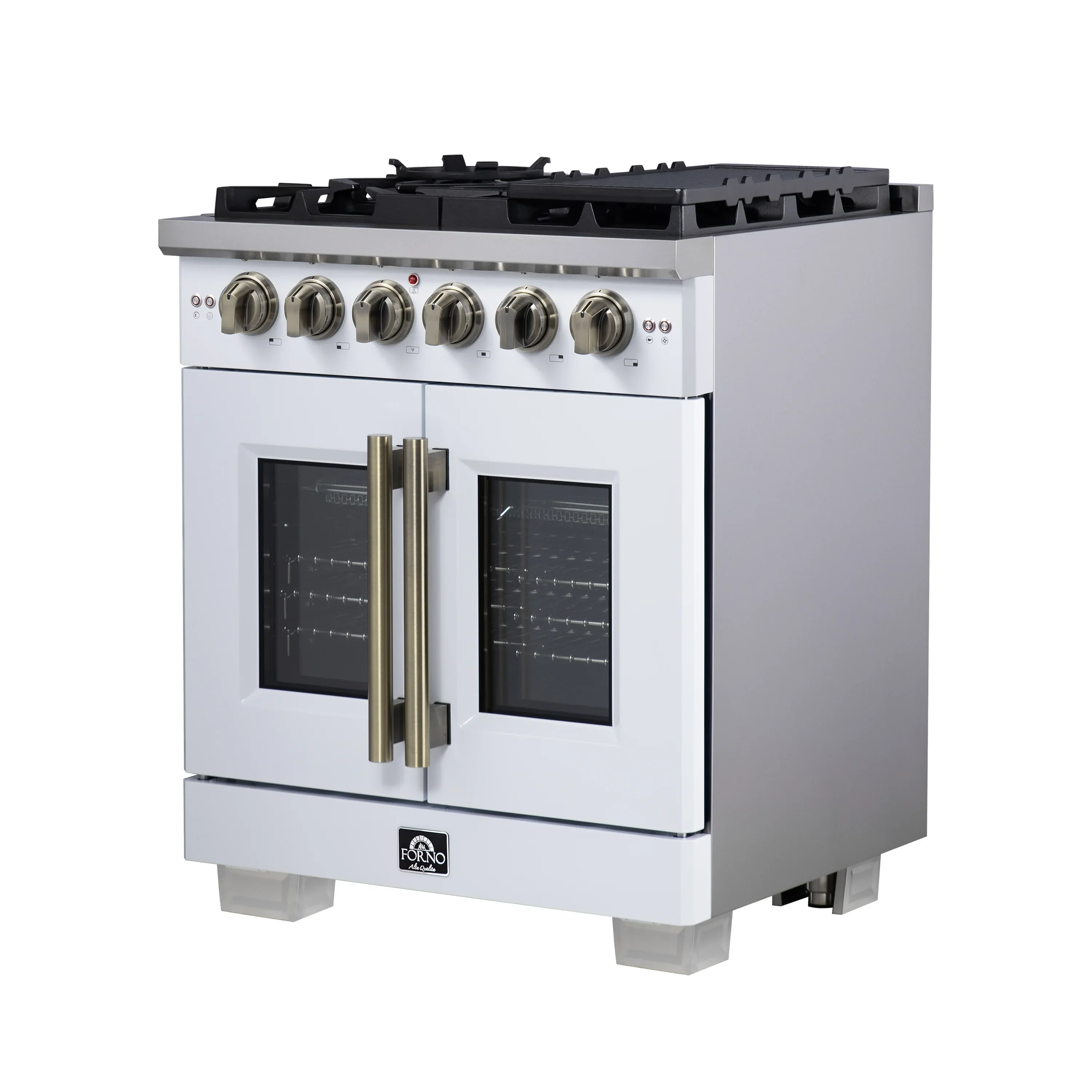 Forno Capriasca 30-Inch Freestanding French Door Gas Range with 4 Burners and 4.32 Cu.Ft. Convection Oven in White with Antique Brass Handle (FFSGS6460-30WHT) - Image 10