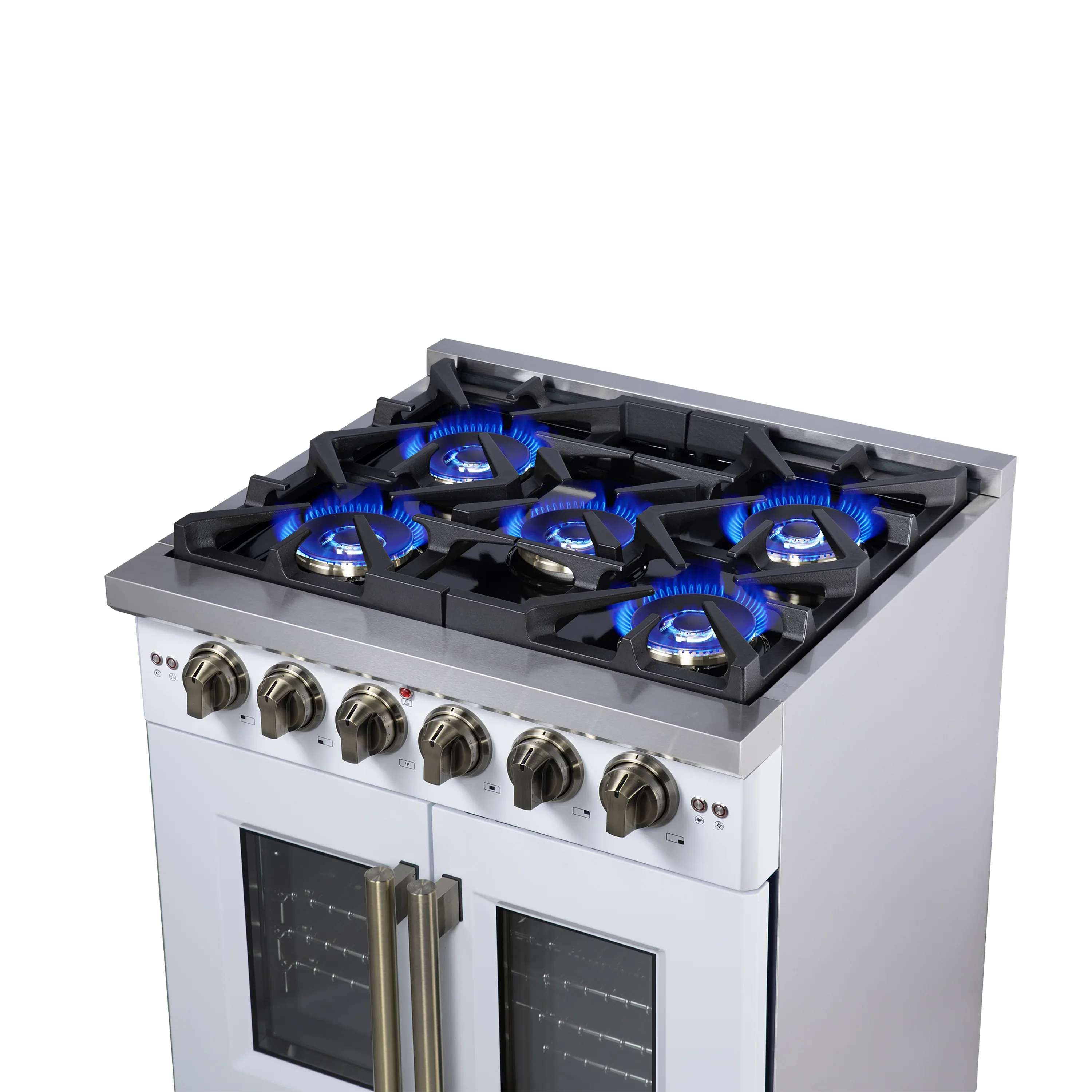 Forno Capriasca 30-Inch Freestanding French Door Gas Range with 4 Burners and 4.32 Cu.Ft. Convection Oven in White with Antique Brass Handle (FFSGS6460-30WHT) - Image 13