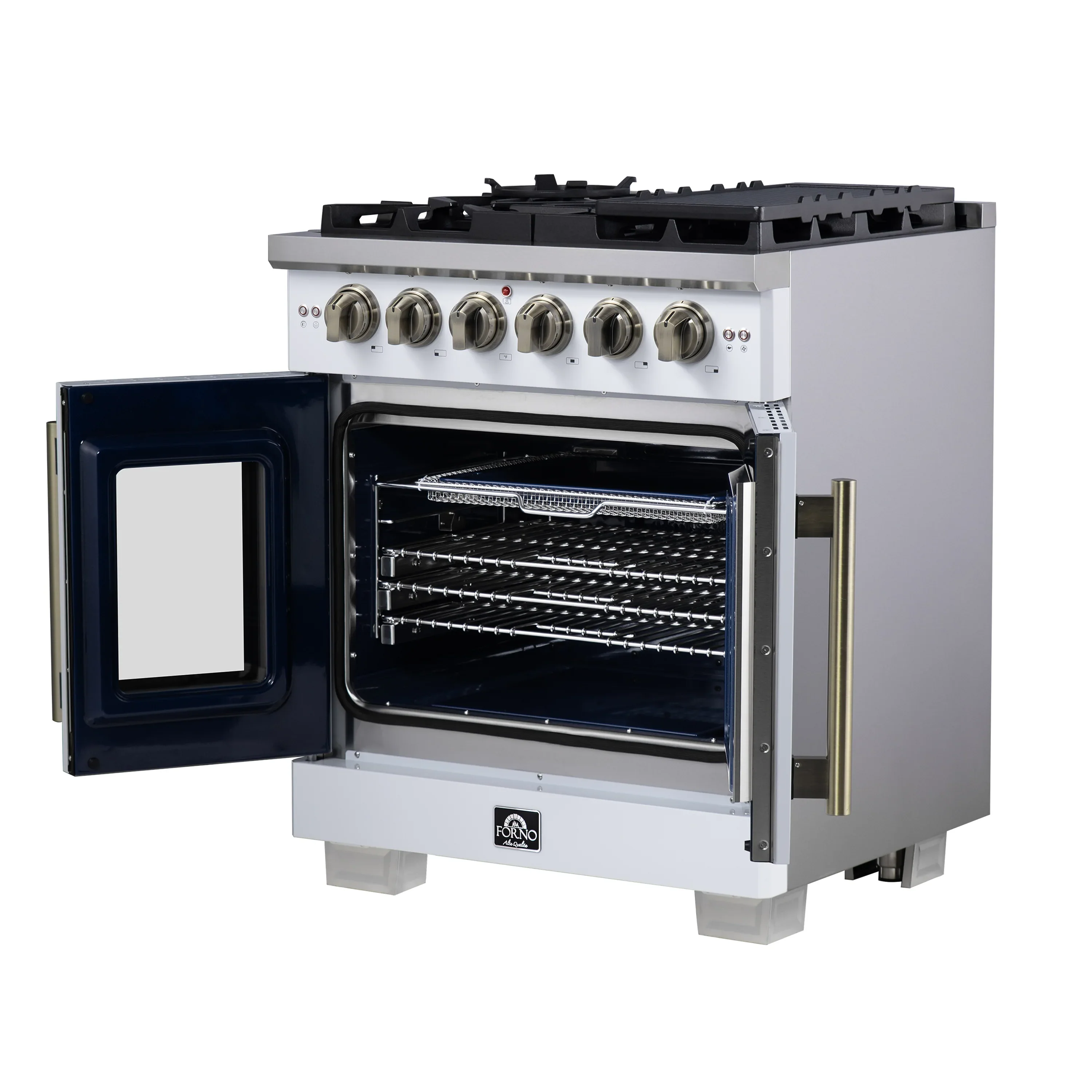 Forno Capriasca 30-Inch Freestanding French Door Gas Range with 4 Burners and 4.32 Cu.Ft. Convection Oven in White with Antique Brass Handle (FFSGS6460-30WHT) - Image 14