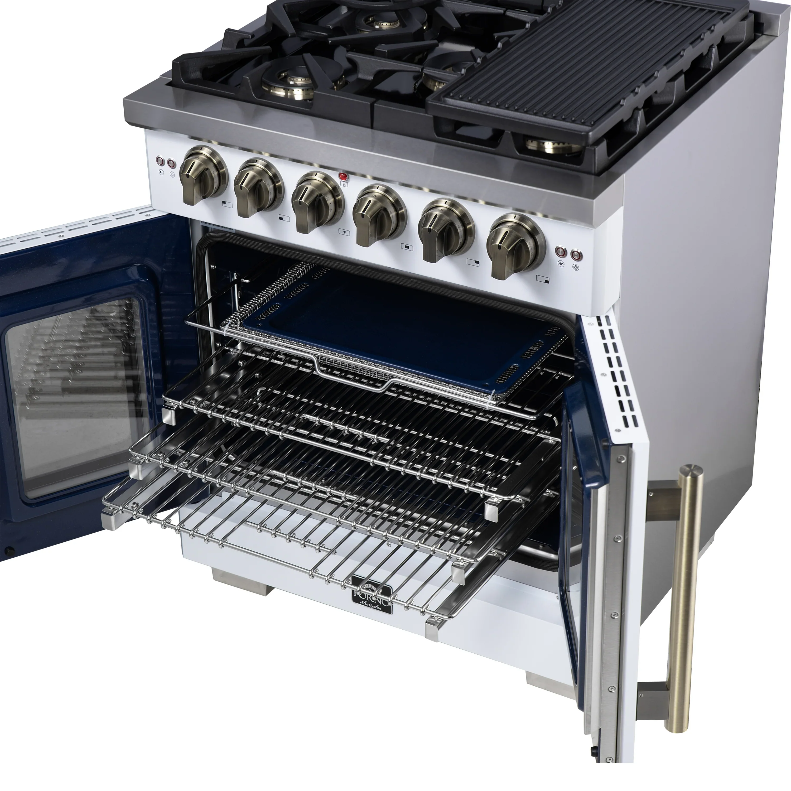 Forno Capriasca 30-Inch Freestanding French Door Gas Range with 4 Burners and 4.32 Cu.Ft. Convection Oven in White with Antique Brass Handle (FFSGS6460-30WHT) - Image 15