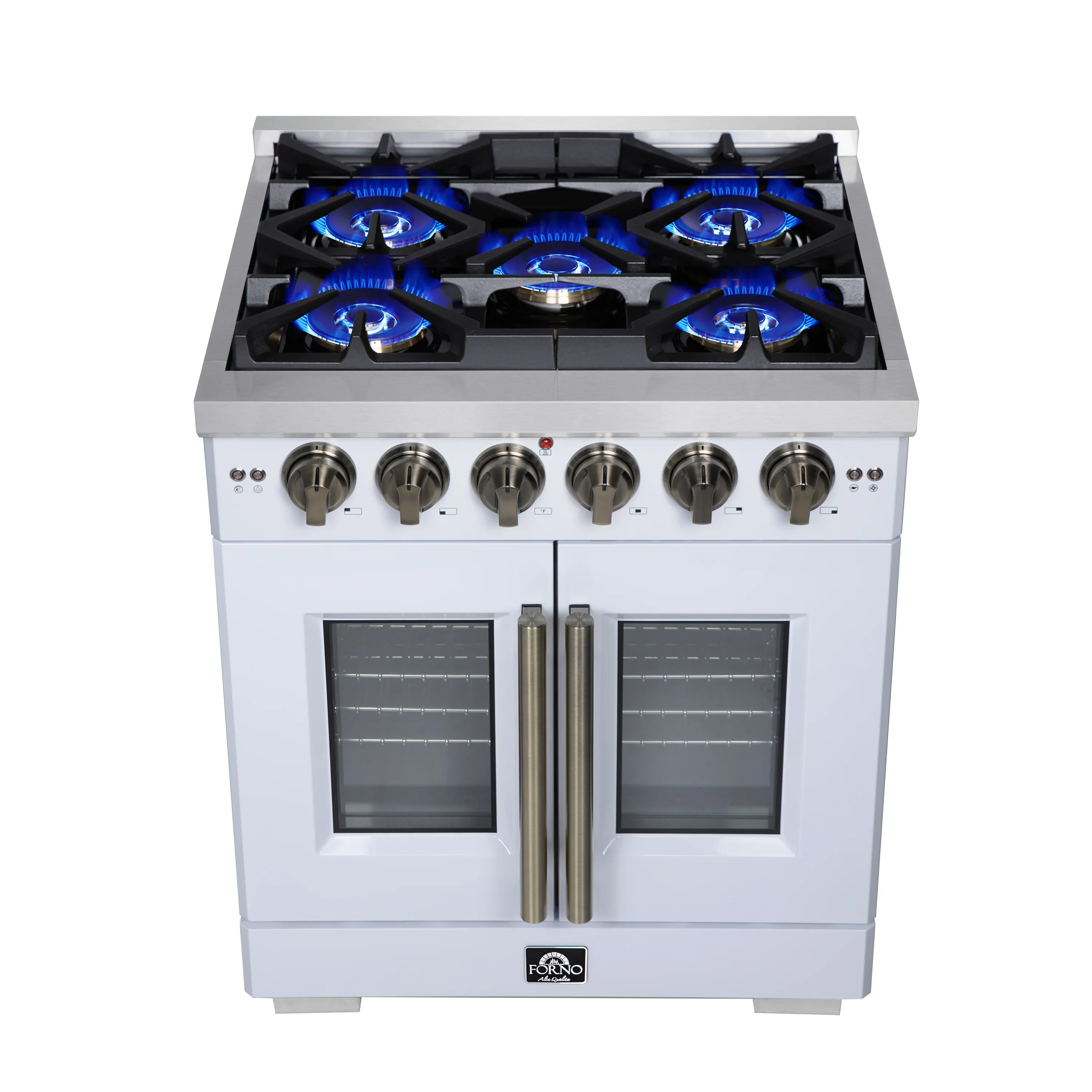 Forno Capriasca 30-Inch Freestanding French Door Gas Range with 4 Burners and 4.32 Cu.Ft. Convection Oven in White with Antique Brass Handle (FFSGS6460-30WHT) - Image 2