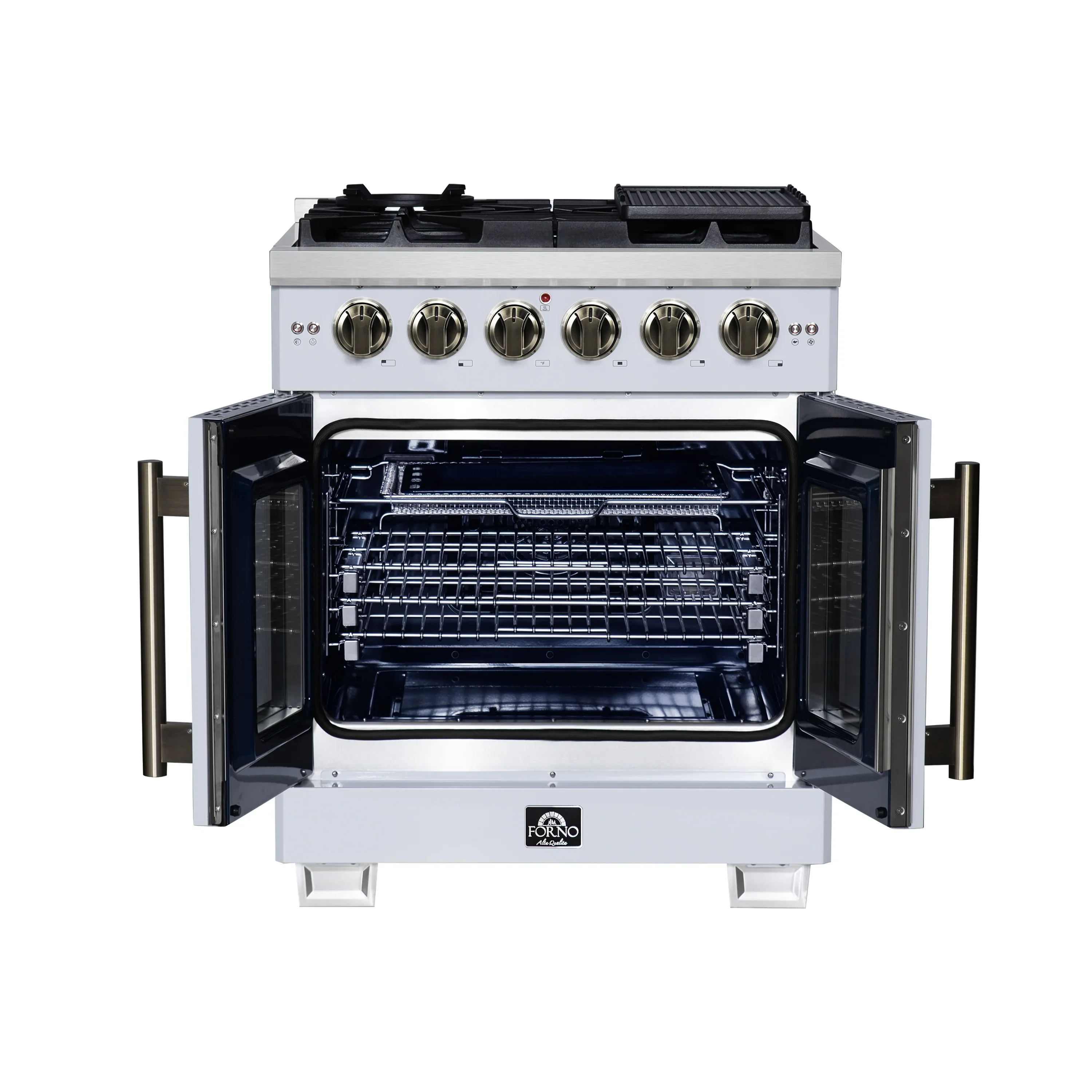 Forno Capriasca 30-Inch Freestanding French Door Gas Range with 4 Burners and 4.32 Cu.Ft. Convection Oven in White with Antique Brass Handle (FFSGS6460-30WHT) - Image 3