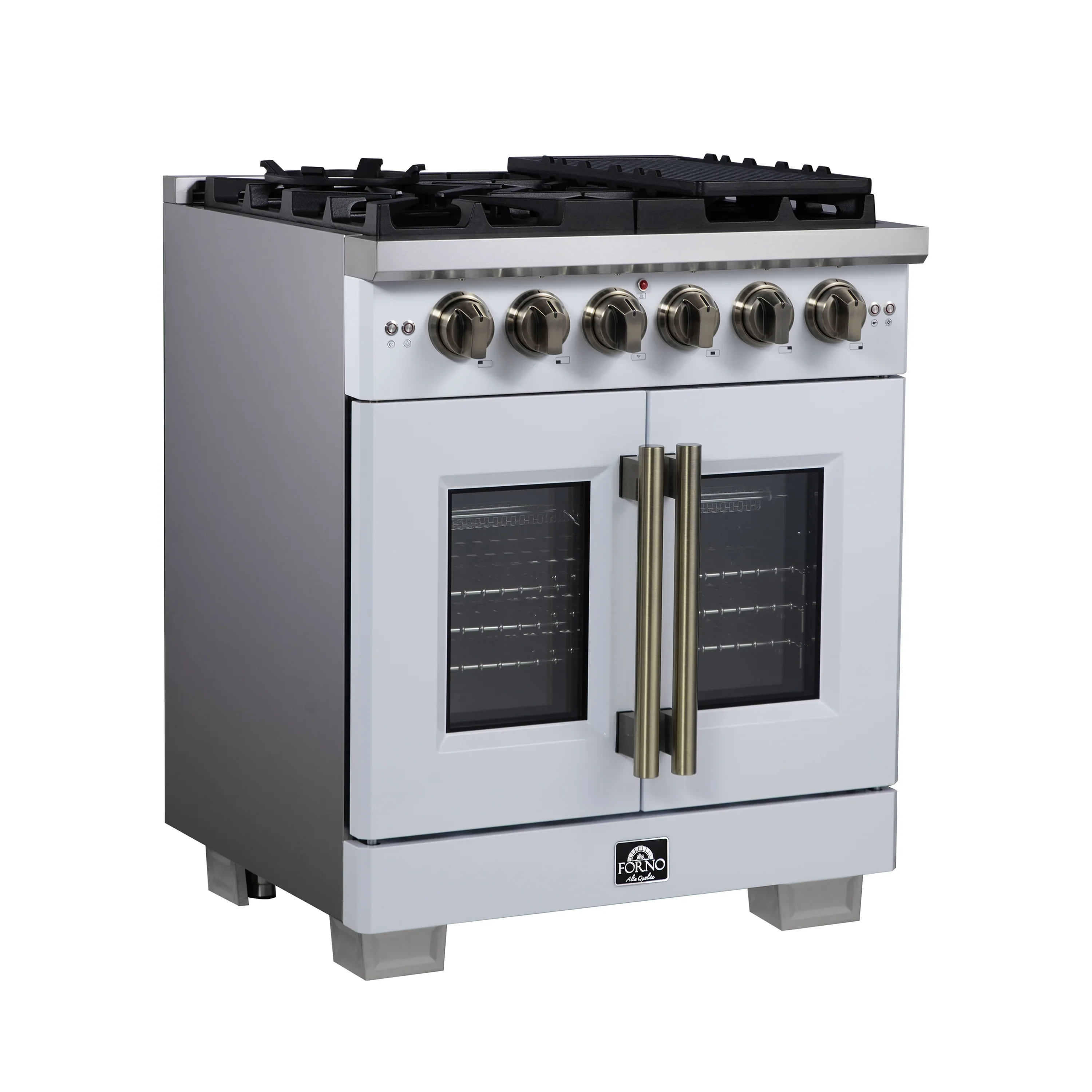 Forno Capriasca 30-Inch Freestanding French Door Gas Range with 4 Burners and 4.32 Cu.Ft. Convection Oven in White with Antique Brass Handle (FFSGS6460-30WHT) - Image 4