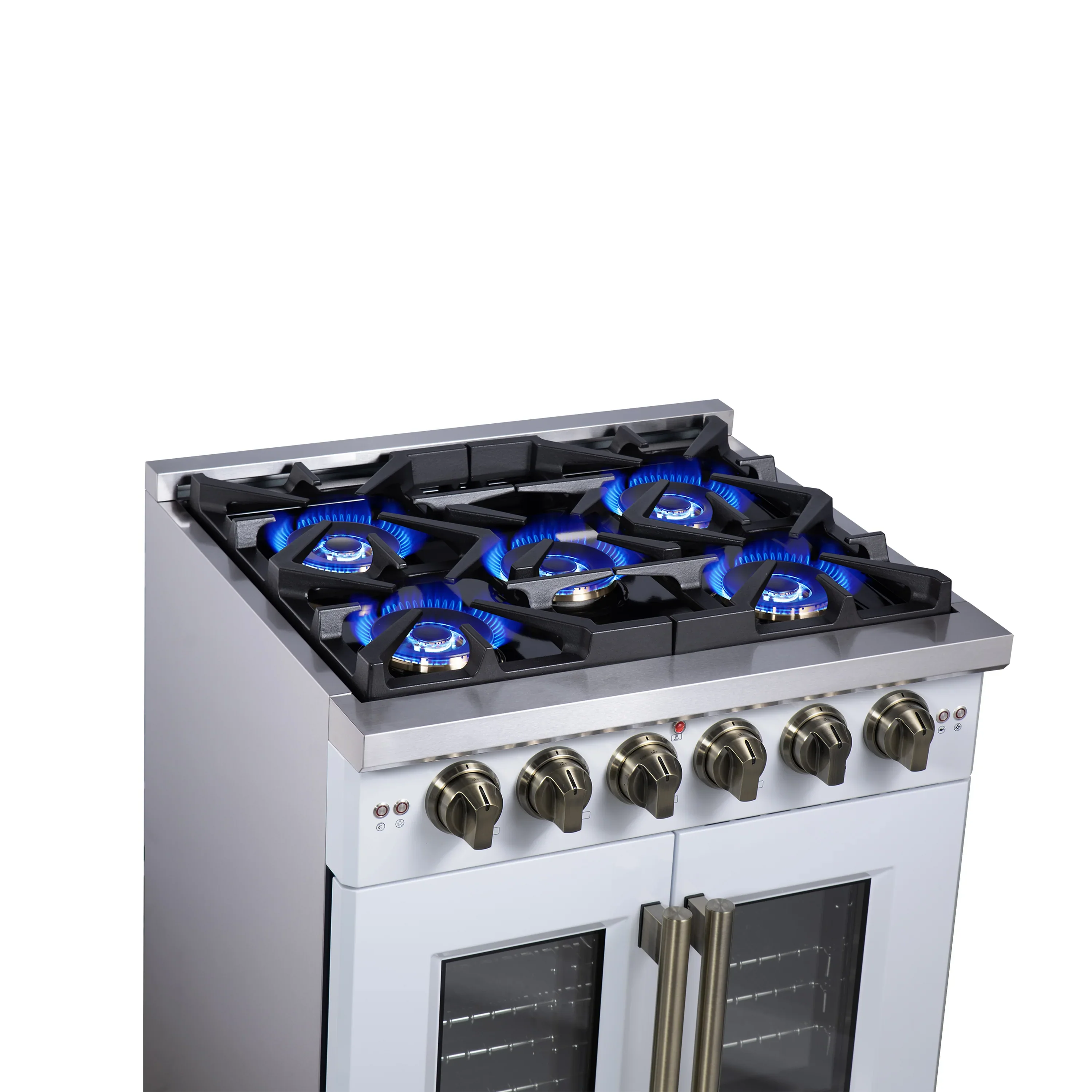 Forno Capriasca 30-Inch Freestanding French Door Gas Range with 4 Burners and 4.32 Cu.Ft. Convection Oven in White with Antique Brass Handle (FFSGS6460-30WHT) - Image 5