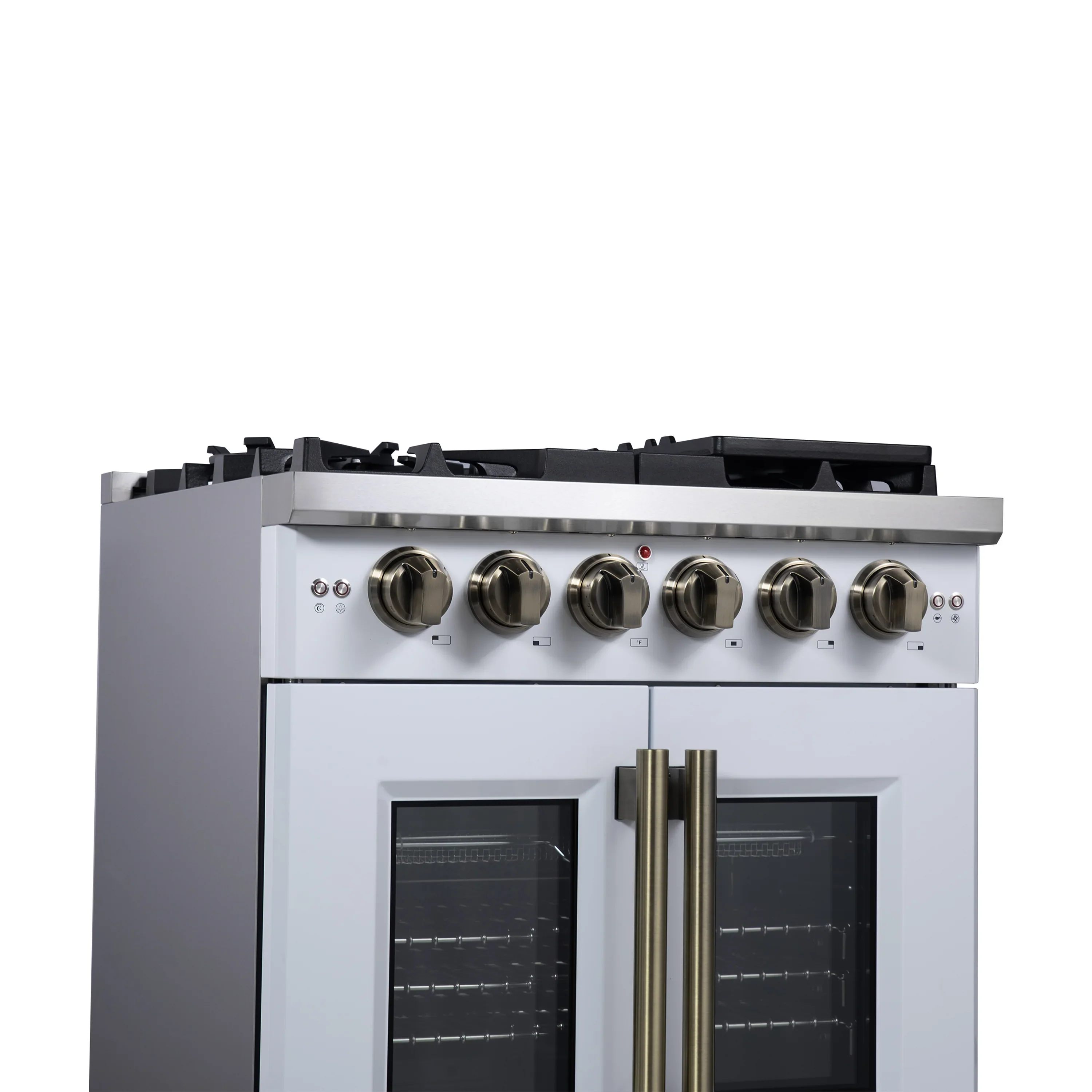 Forno Capriasca 30-Inch Freestanding French Door Gas Range with 4 Burners and 4.32 Cu.Ft. Convection Oven in White with Antique Brass Handle (FFSGS6460-30WHT) - Image 6