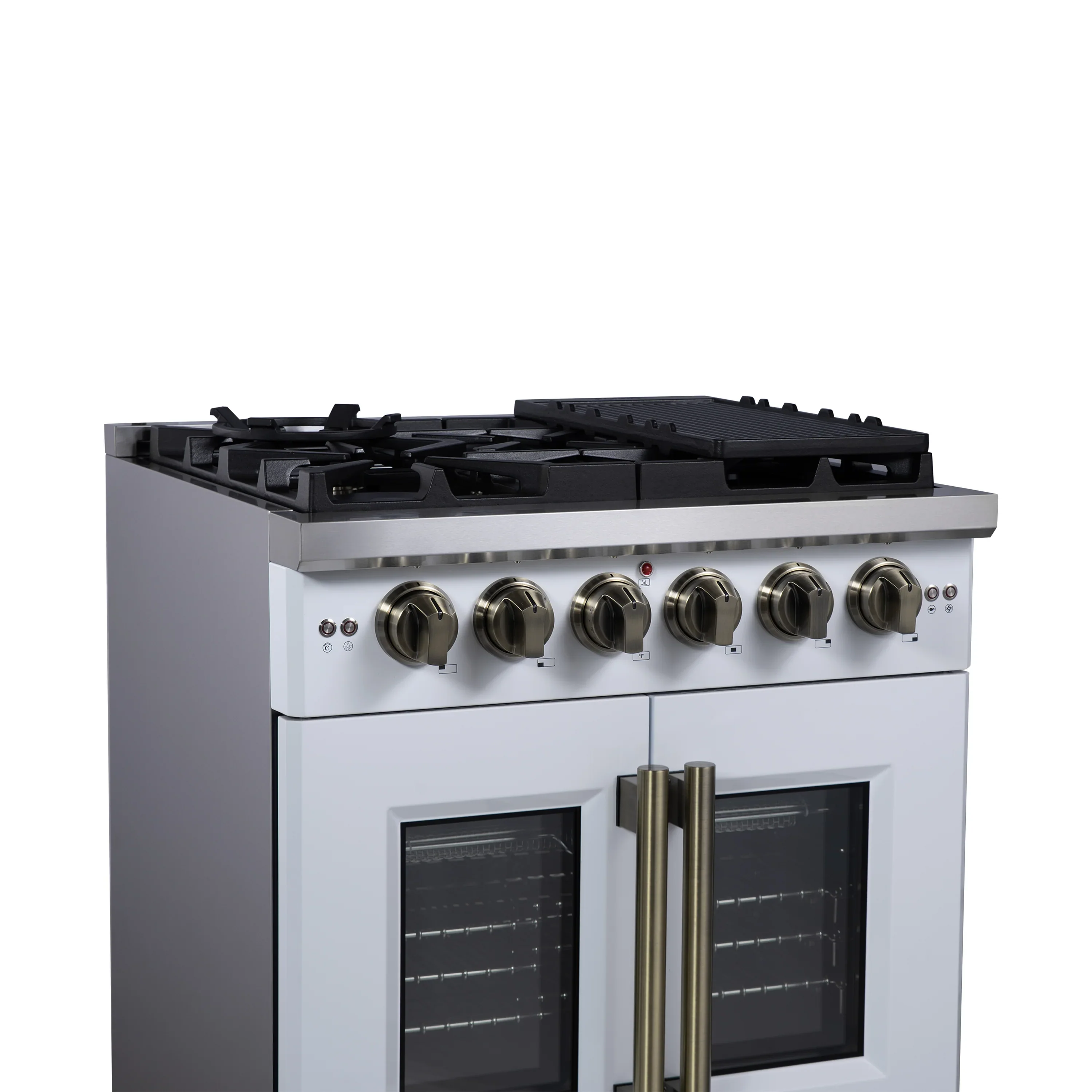 Forno Capriasca 30-Inch Freestanding French Door Gas Range with 4 Burners and 4.32 Cu.Ft. Convection Oven in White with Antique Brass Handle (FFSGS6460-30WHT) - Image 7