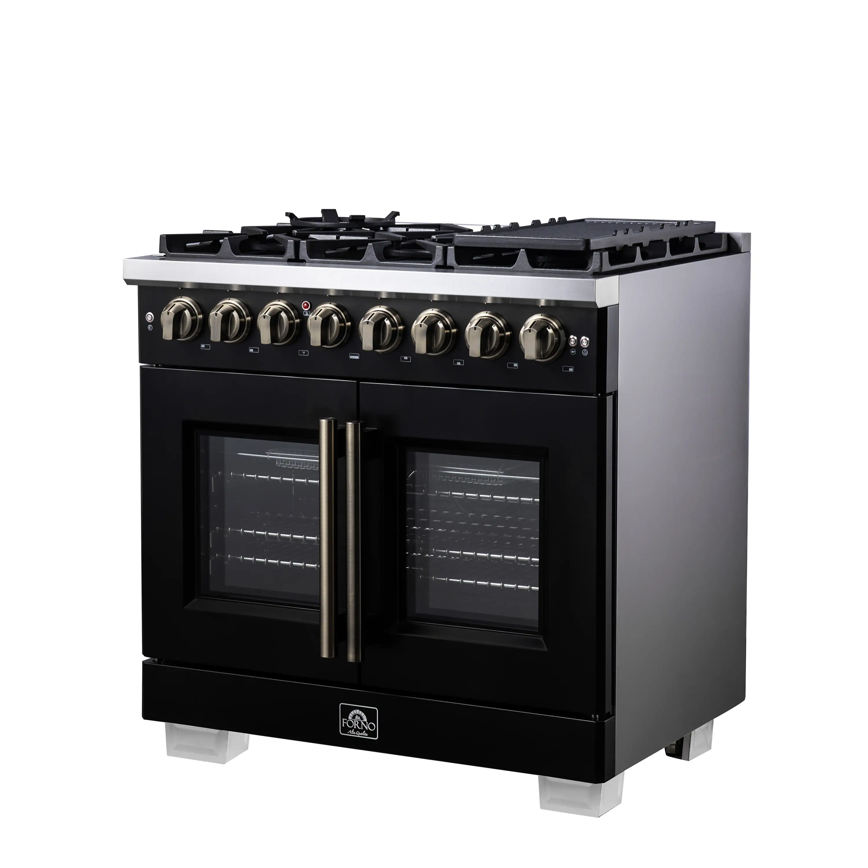 Forno Capriasca 36-Inch Freestanding French Door Dual Fuel Range in Black with Antique Brass Handle (FFSGS6387-36BLK) - Image 10