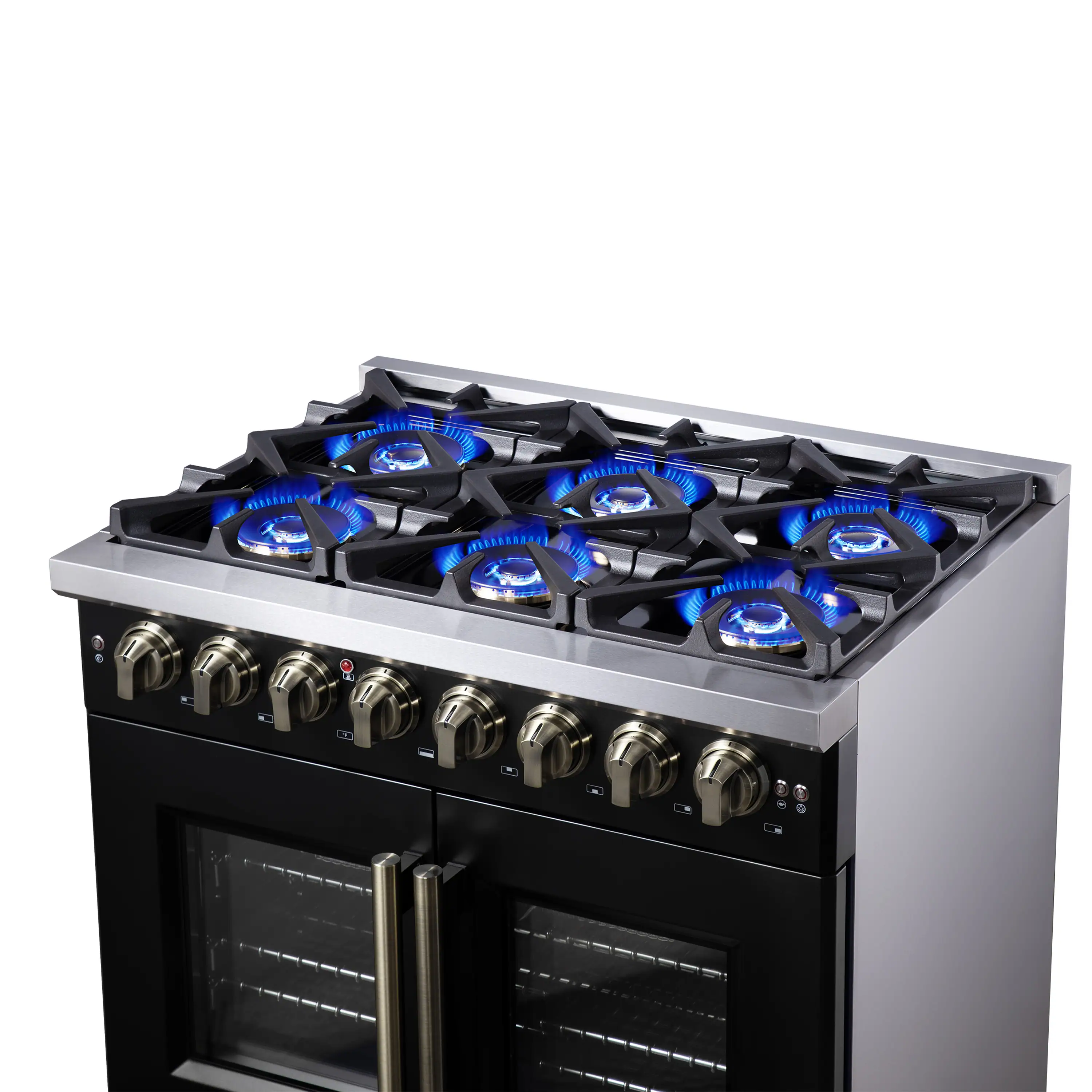 Forno Capriasca 36-Inch Freestanding French Door Dual Fuel Range in Black with Antique Brass Handle (FFSGS6387-36BLK) - Image 13