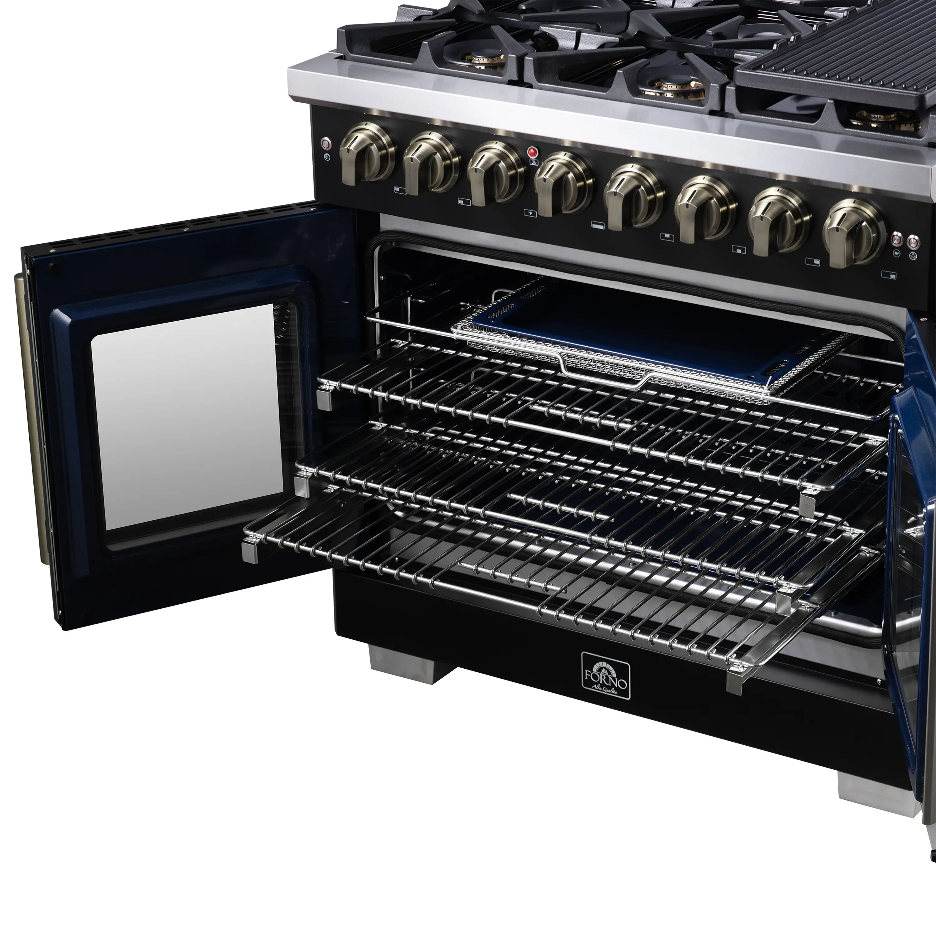 Forno Capriasca 36-Inch Freestanding French Door Dual Fuel Range in Black with Antique Brass Handle (FFSGS6387-36BLK) - Image 15
