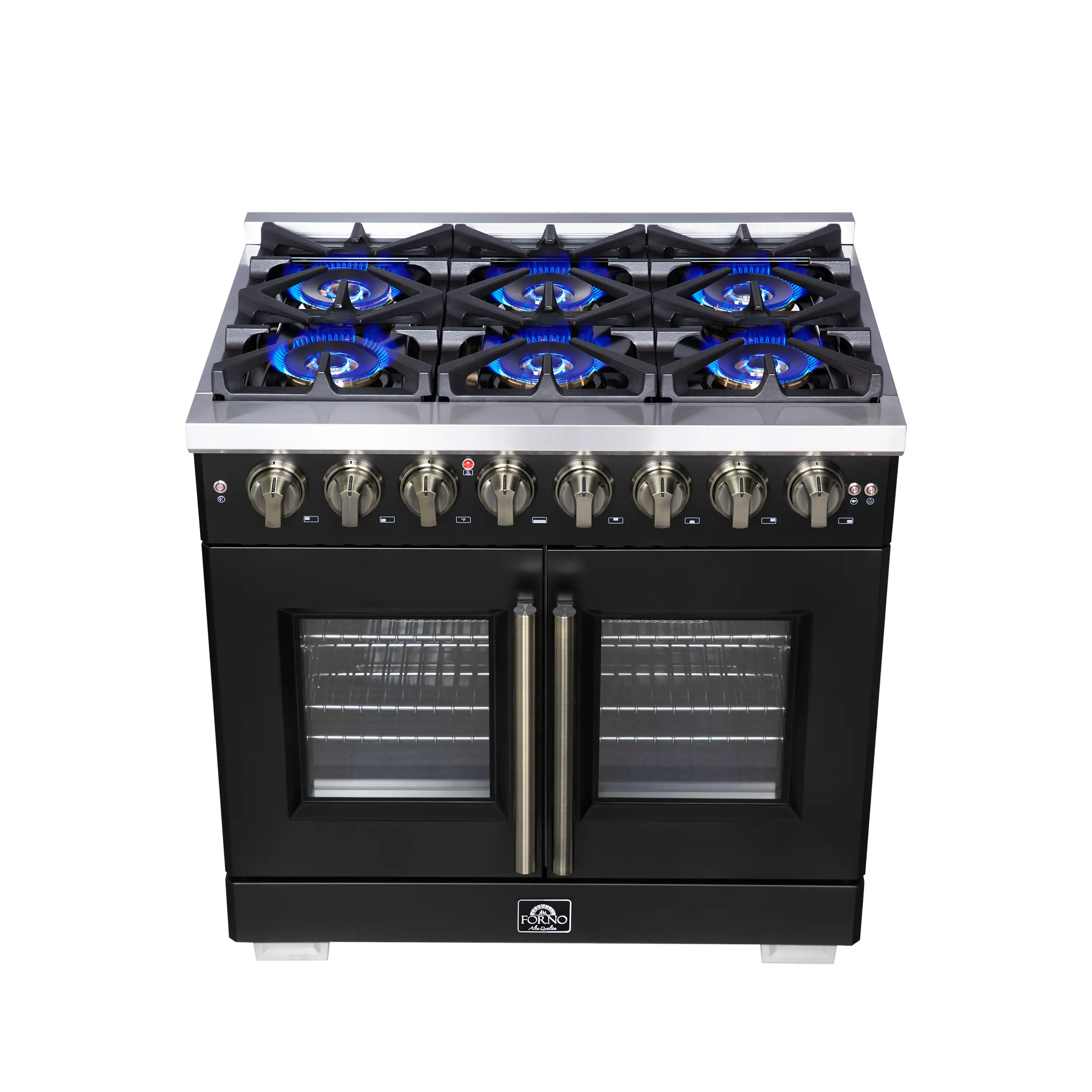 Forno Capriasca 36-Inch Freestanding French Door Dual Fuel Range in Black with Antique Brass Handle (FFSGS6387-36BLK) - Image 2