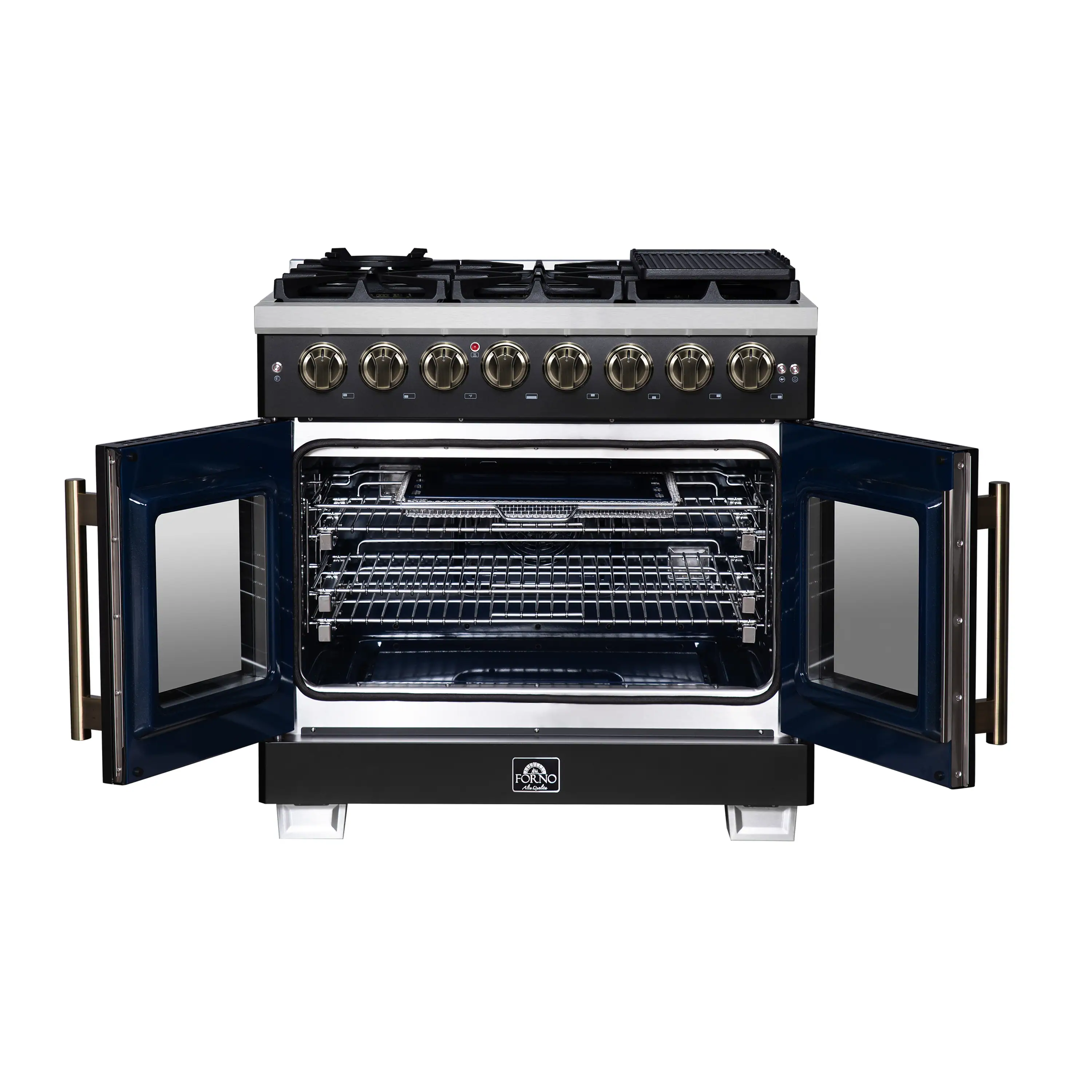 Forno Capriasca 36-Inch Freestanding French Door Dual Fuel Range in Black with Antique Brass Handle (FFSGS6387-36BLK) - Image 3