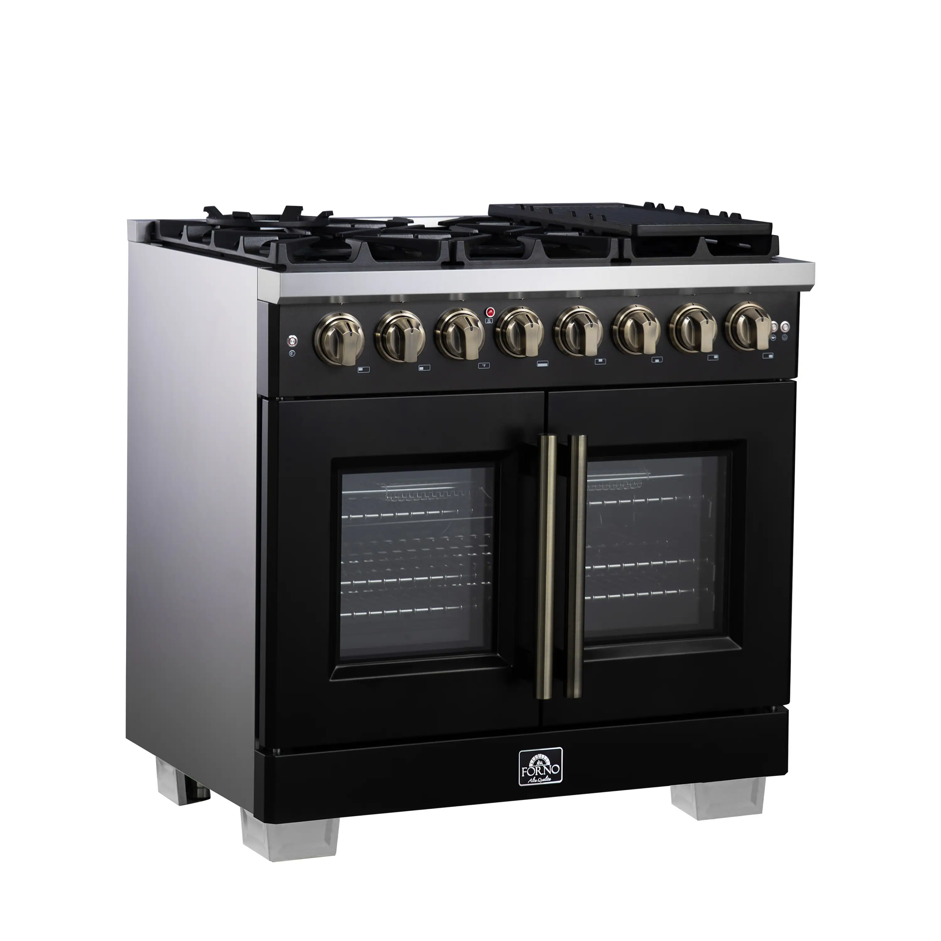 Forno Capriasca 36-Inch Freestanding French Door Dual Fuel Range in Black with Antique Brass Handle (FFSGS6387-36BLK) - Image 4