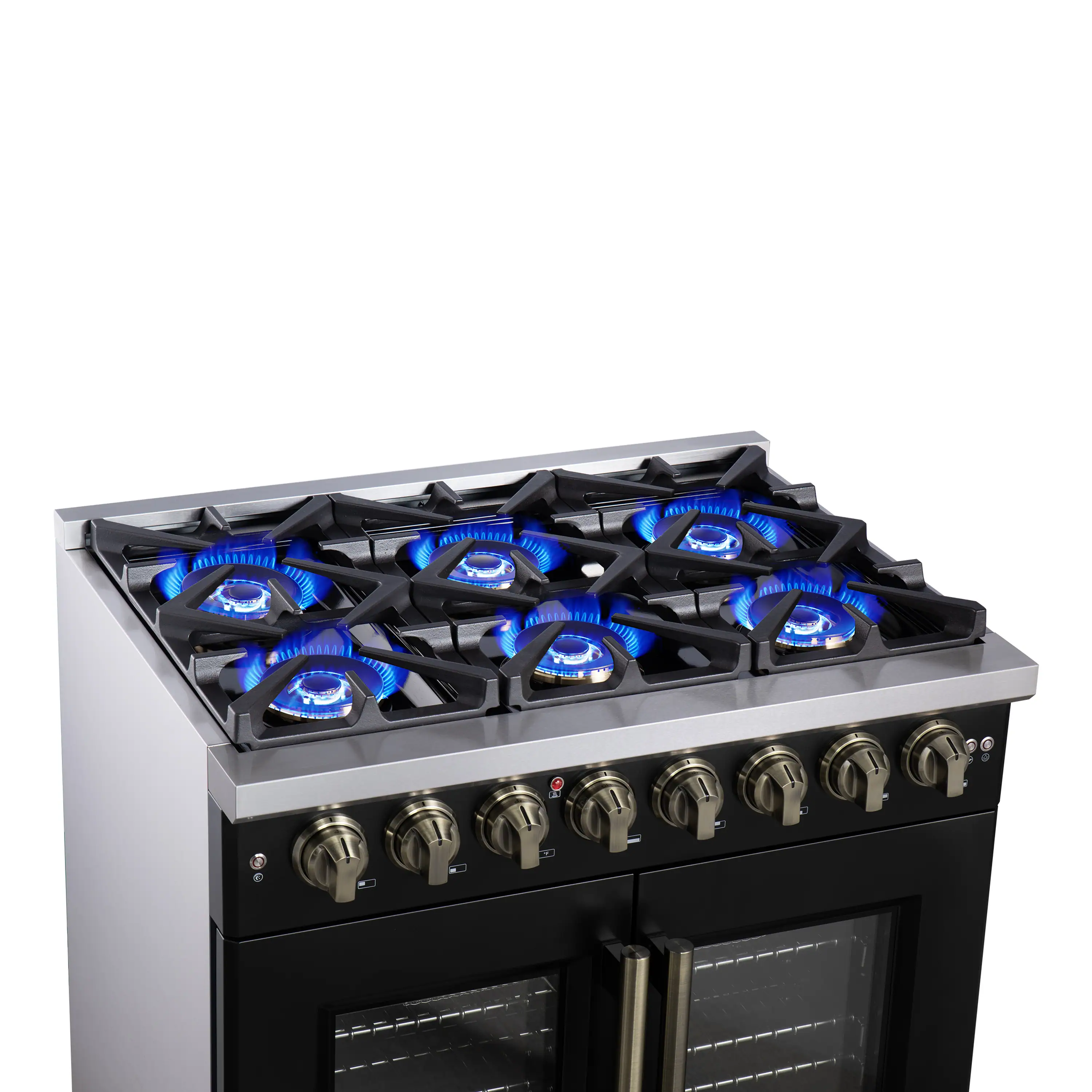 Forno Capriasca 36-Inch Freestanding French Door Dual Fuel Range in Black with Antique Brass Handle (FFSGS6387-36BLK) - Image 7