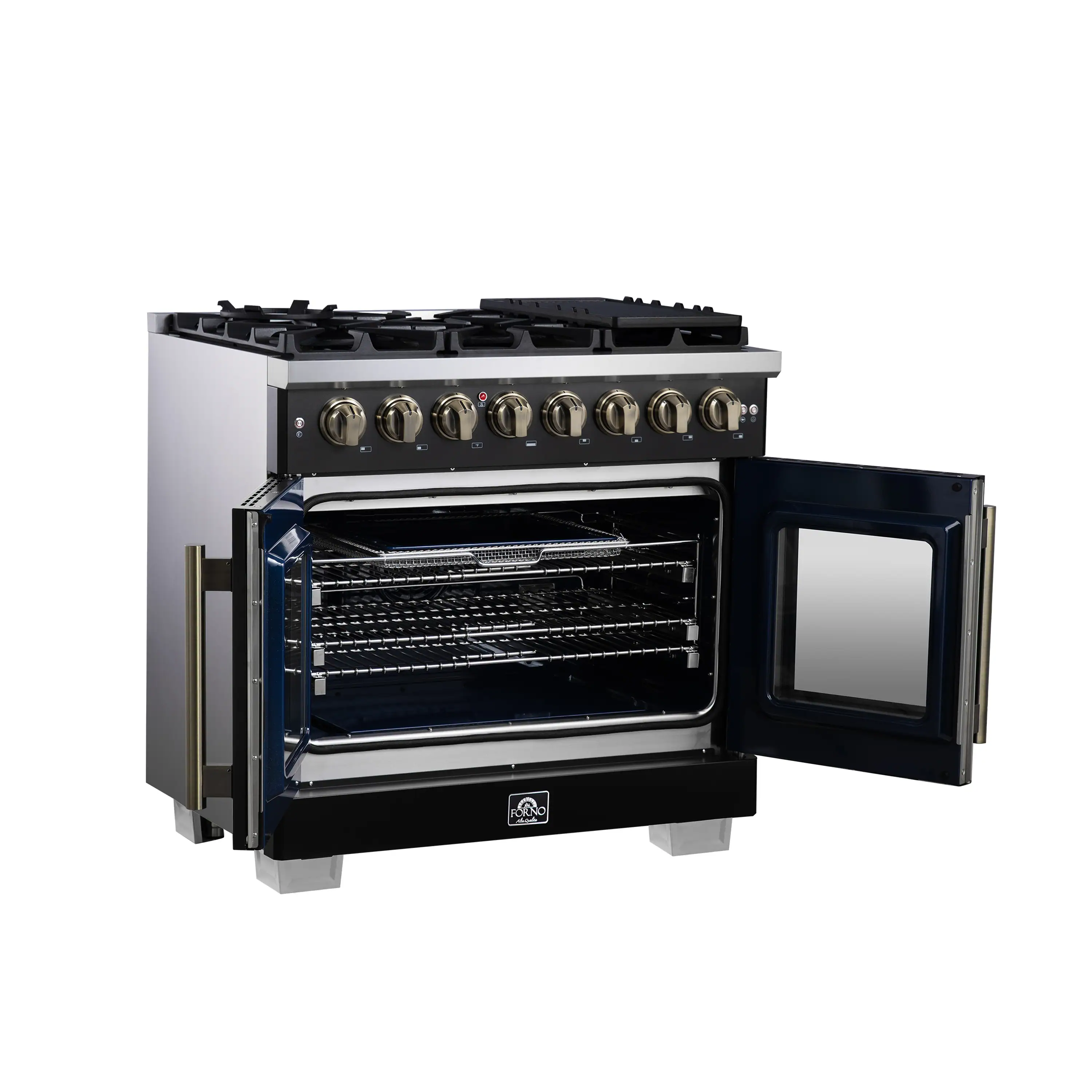 Forno Capriasca 36-Inch Freestanding French Door Dual Fuel Range in Black with Antique Brass Handle (FFSGS6387-36BLK) - Image 8
