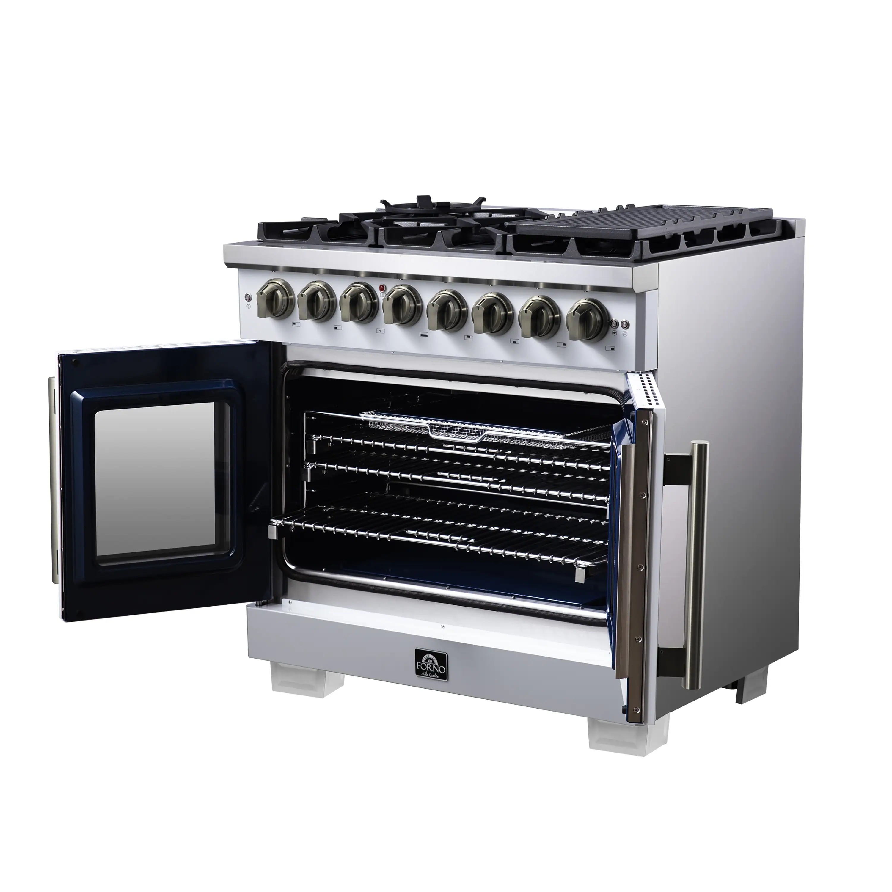 Forno Capriasca 36-Inch Freestanding French Door Dual Fuel Range in White with Antique Brass Handle (FFSGS6387-36WHT) - Image 13