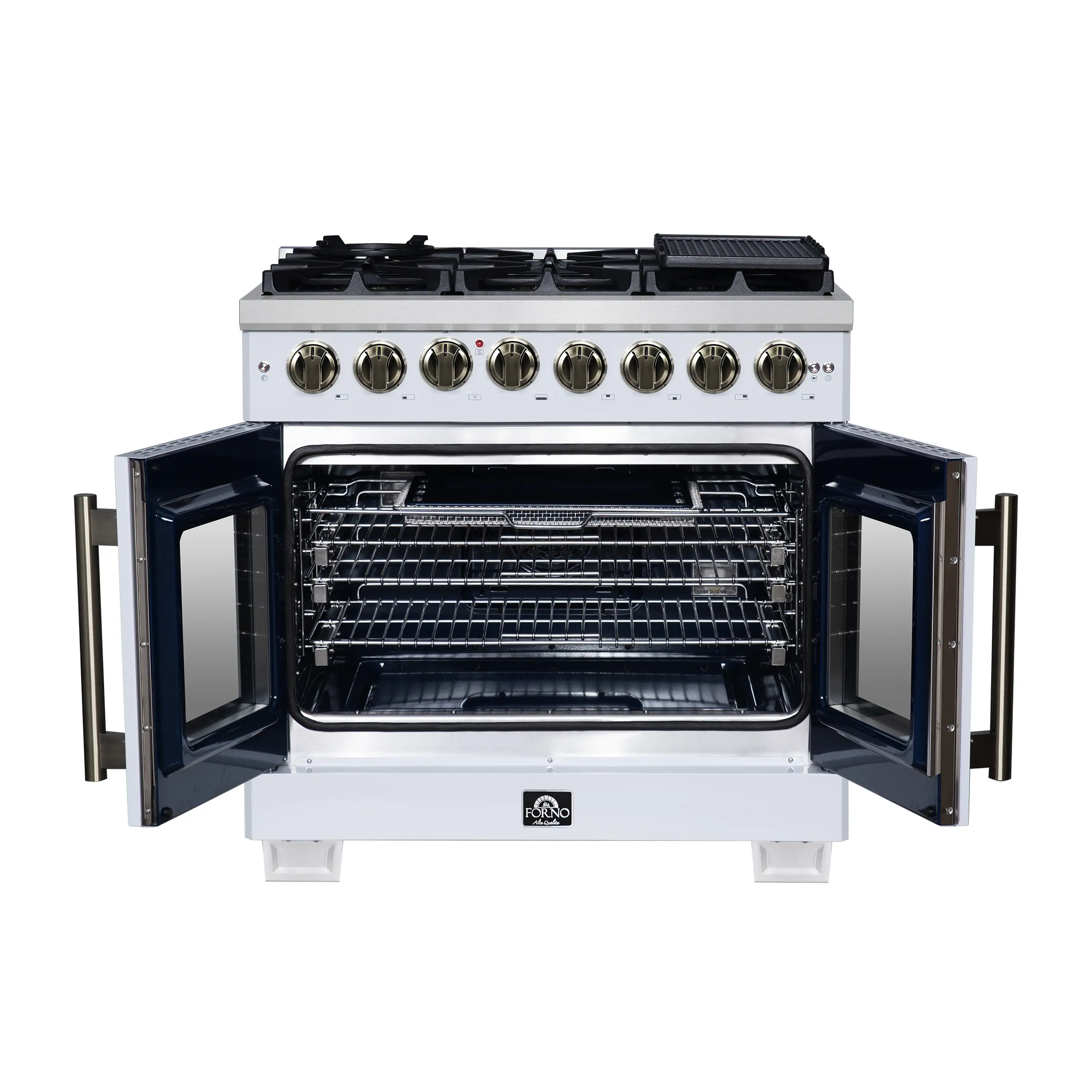 Forno Capriasca 36-Inch Freestanding French Door Dual Fuel Range in White with Antique Brass Handle (FFSGS6387-36WHT) - Image 3