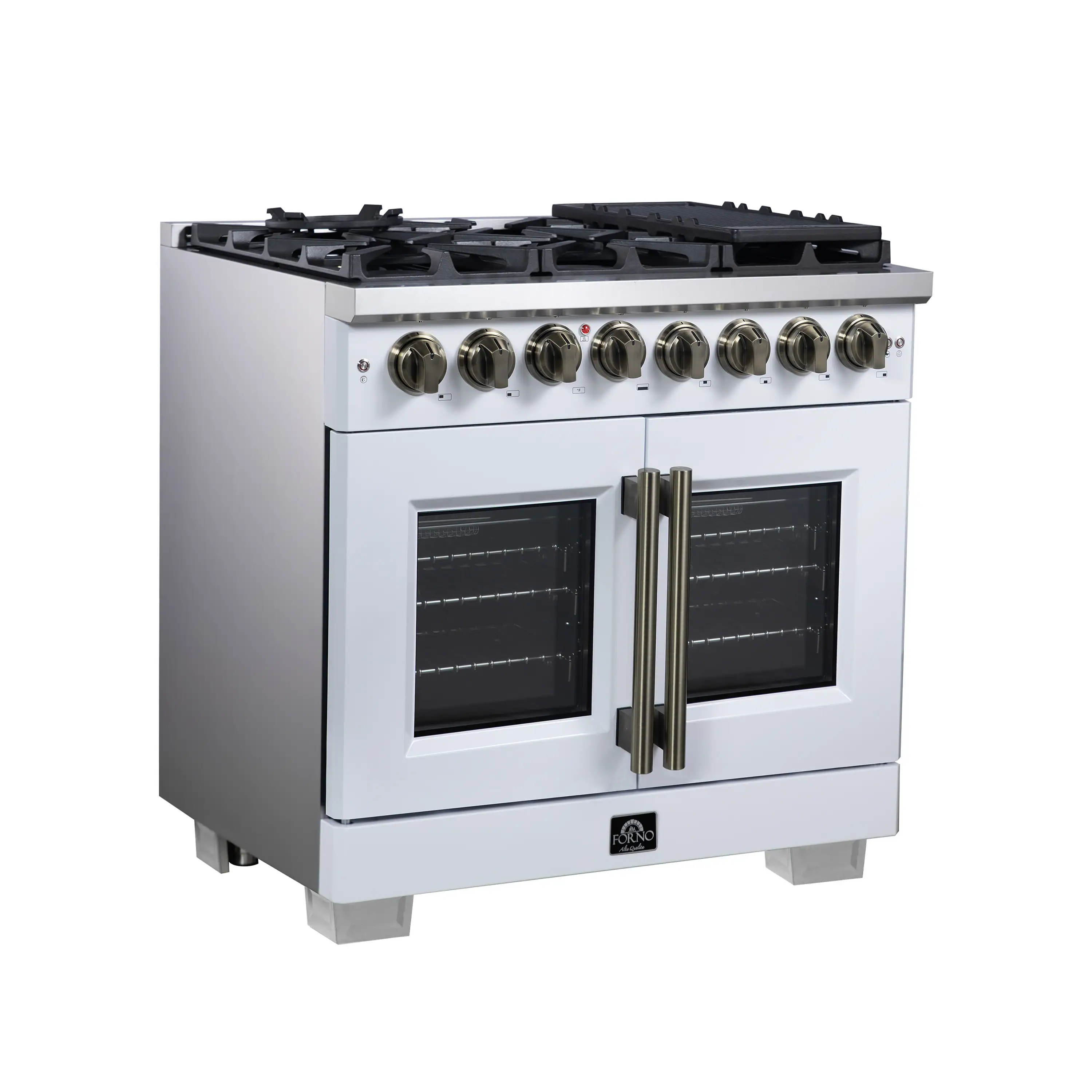 Forno Capriasca 36-Inch Freestanding French Door Dual Fuel Range in White with Antique Brass Handle (FFSGS6387-36WHT) - Image 4